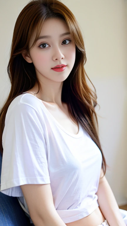A beautiful girl wearing a white t-shirt, three holes, short jeans, DGirl beautiful
