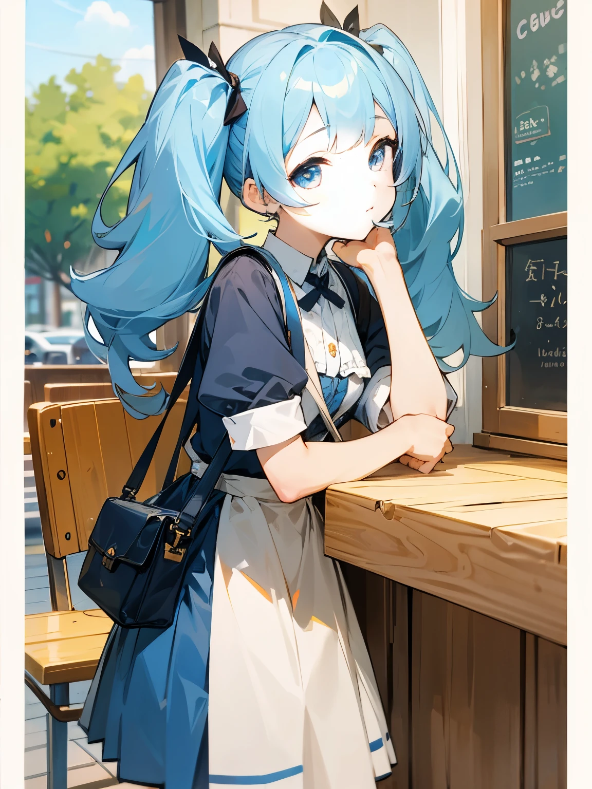 Cute girl taking a break at a cafe, panniers, skirt, twintails, light blue hair