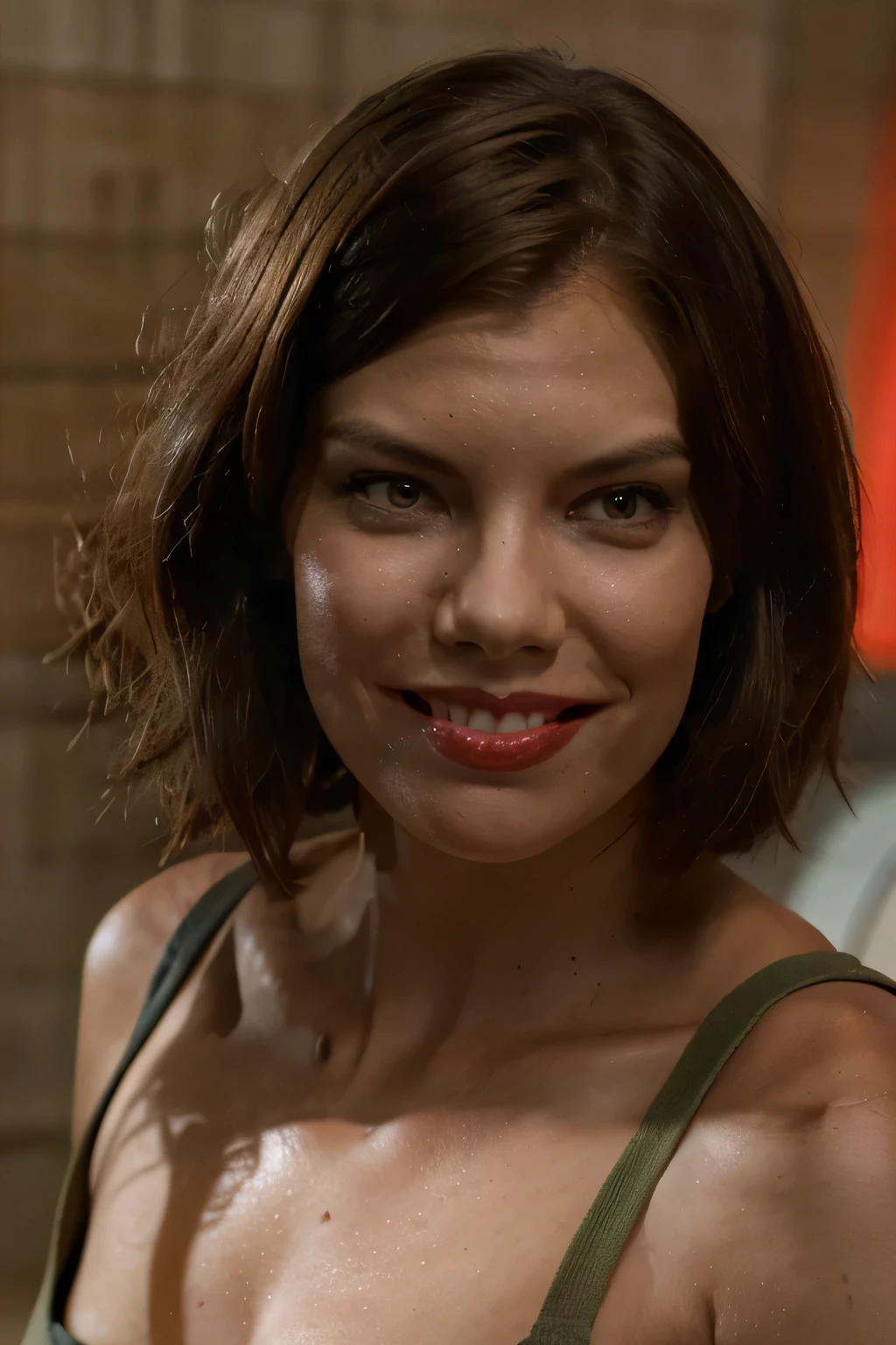 Imagem linda e fiel de Maggie do seriado The walking dead (Lauren Cohan), she's looking forward, olhos lindos expressivos e detalhados, olhar fixo e penetrante, imagem EXTREMAMENTE detalhada, 8k, filmes, she is happy, she has a smile with her lips, she smiles until the corners of her mouth, Red lips, red lipstick on lips, ela usa roupa fiel a da Maggie. She is inside a curved concrete structure (tunnel) and highly dystopian, com luz solar refletindo por dentro. Ela usa uma bota militar. She is standing with her hands on her hips, imagem de corpo inteiro
