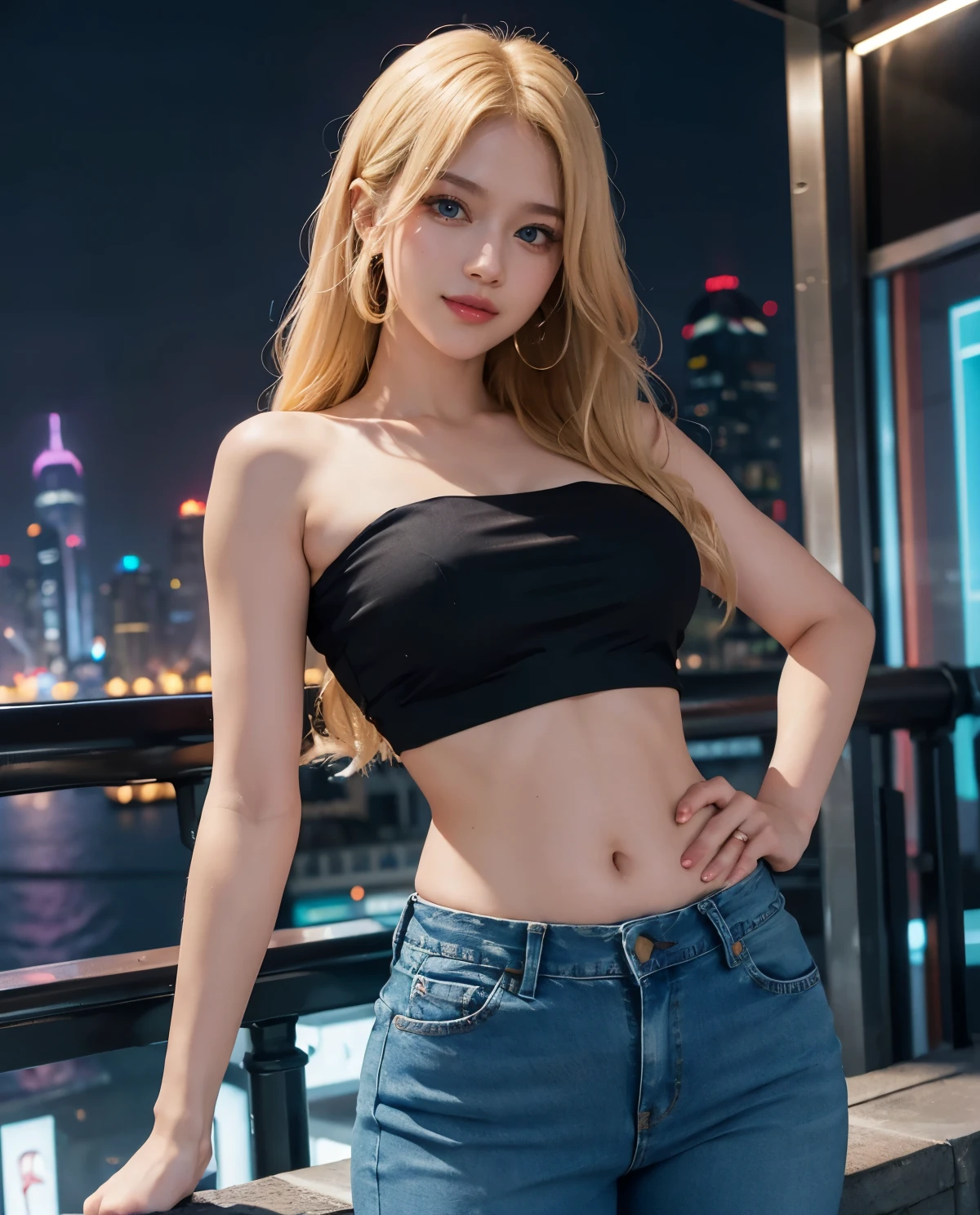 1girl, Blue eyes, (smile), (Sana Minatozaki), wide hips, Big , (firm ), big ass, (Best Quality, 8k, Masterpiece: 1.3), perfect hands, Clear Focus: 1.2, Perfect Body Beauty: 1.4, Highly detailed face and skin texture, detailed eyes, double eyelids, (blonde long hair :1.2), bare shoulders, (black tube top :1.3), (jeans), standing, dynamic pose, in Shanghai at night, buildings with colorful lights in the background, Oriental Pearl Towert