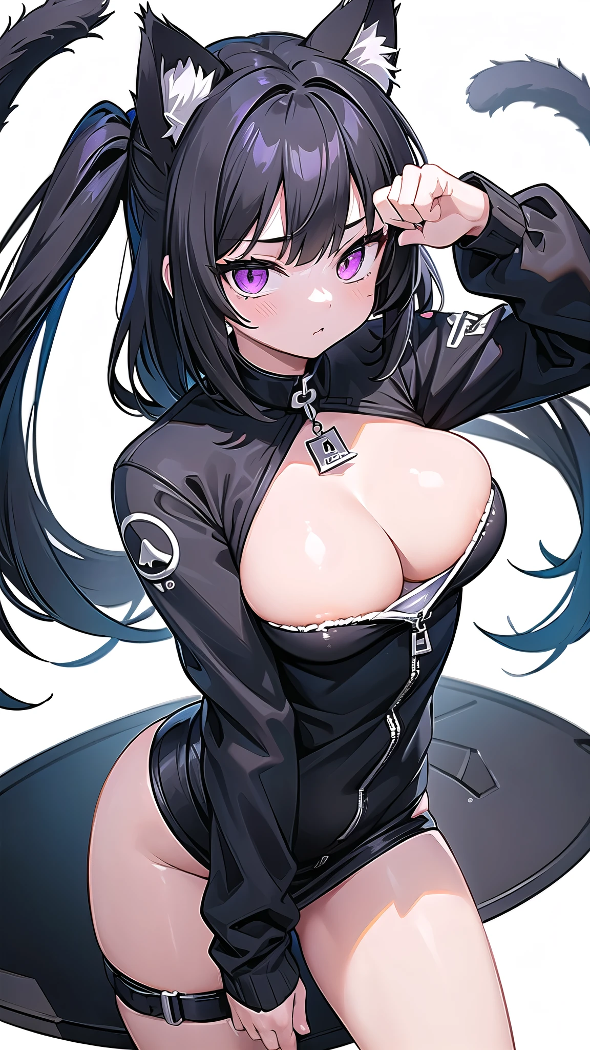 1 girl, game CG,((Cat ear、Cat hair)),big breasts, black hair, long hair, straight hair, black eye, ((white background)),((Turn towards me with sharp eyes)),((cat pose))