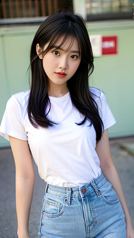 (Highest quality,masterpiece:1.2),(Realistic, photo-Realistic:1.4), RAW Photos, High resolution, Intricate details, Very detailed, In detail, Very detailed, Incredibly detailed, Light contrast, Cinema Lighting, alone, One girl, Japanese female idols, delicate, beautiful, wonderful, Seductive pose, Sexy pose, Detailed face, Fine grain, Pale skin, Shiny skin, Sweaty, (Mesh T-shirt, Denim mini skirt), (Covered nipples:1.2), Photo Background, Outdoor, Cityscape, Tall and slender beauty