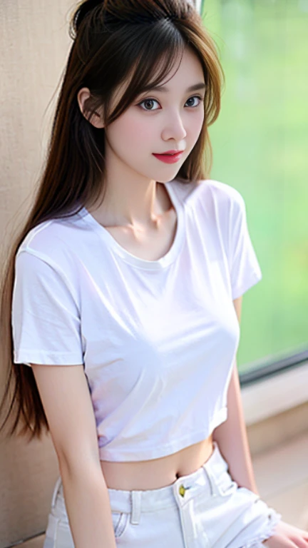A beautiful girl wearing a white t-shirt, three holes, short jeans, DGirl beautiful 