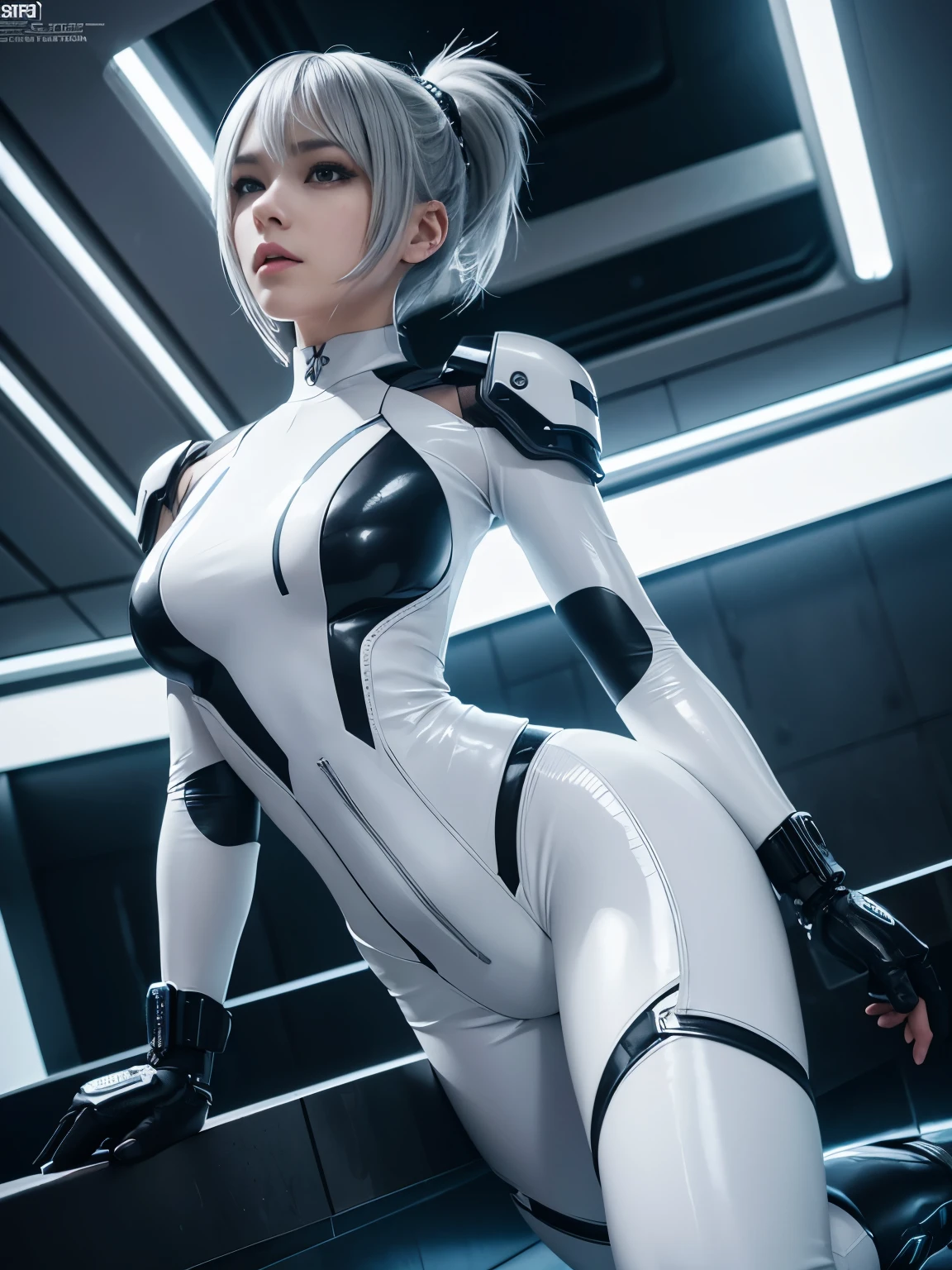 r_ap82_, (realistic, photorealistic), 1girl, black short hair, white hair ornament, ((white bodysuit, gloves)), thighs, (full body), sitting on the ground, (full body shot),(masterpiece, high quality, best quality), (colorful),(delicate eyes and face), volumatic light, ray tracing, extremely detailed CG unity 8k wallpaper,solo((flying petal)),outdoors, ((cyberpunk)), cyber city, ((neon trim)), night,(cityscape),