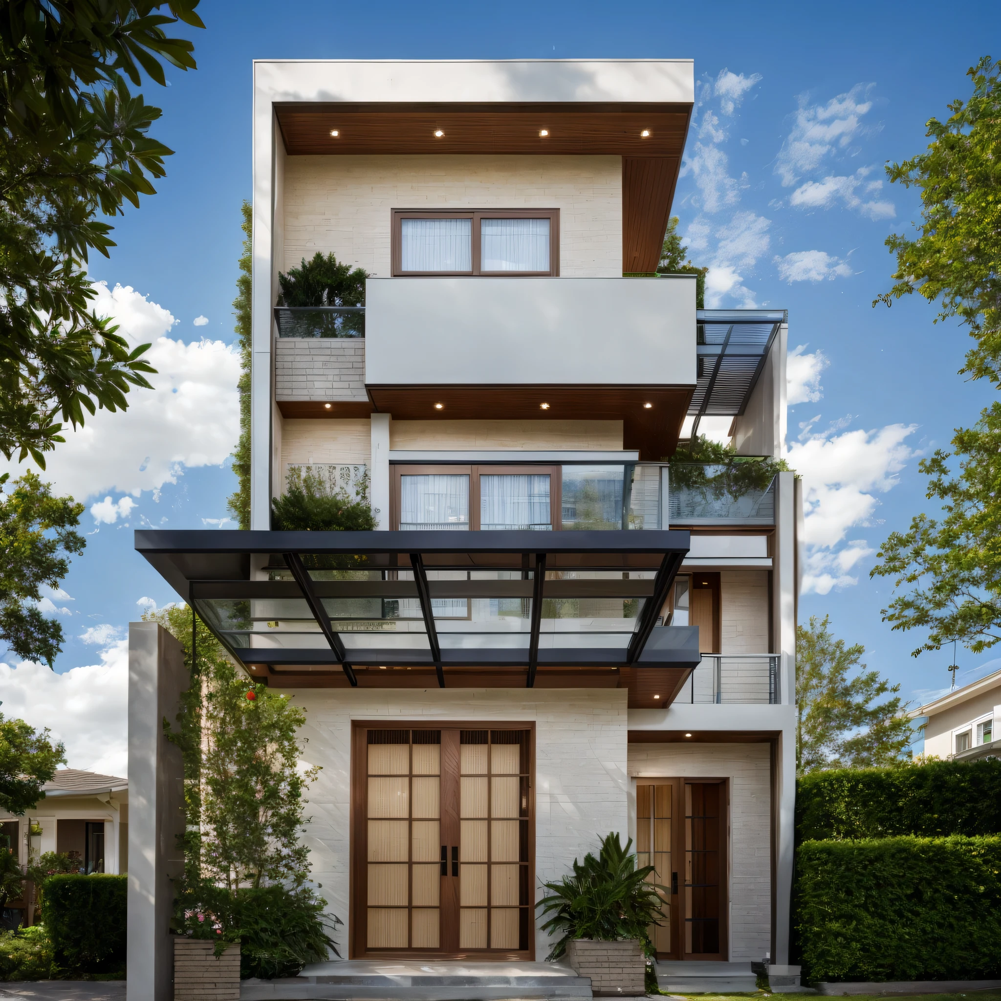 Exterior of house, mable decorations, (canopy in front of house:1.4), (a road in front of house:1.3), tree, sky, cloud, morning weather.