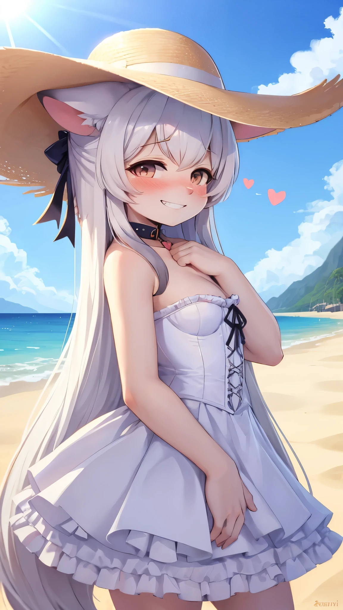 furry ,long hair,white fur,ultra detailed fur,blush,white corset dress,sunny day hat,heart collar,looking at viewer,one closed eye,grin,shiny skin,blue sky,side view,beach