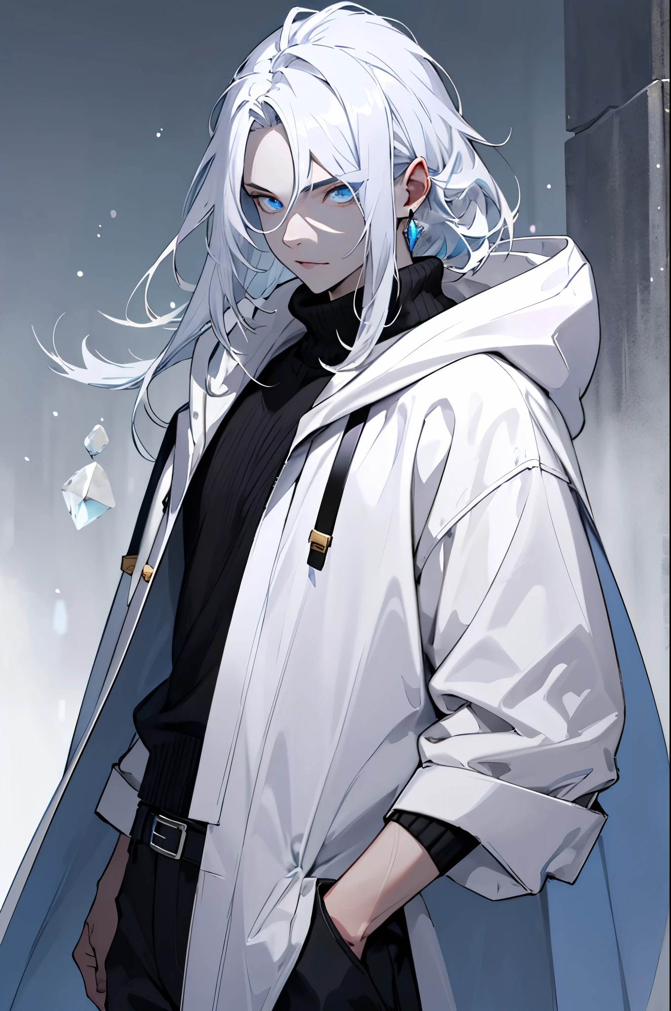 (best quality, high resolution), ultra-detailed, woman, young, 19 years old, swordsman, long white hair, snow-white skin, cold eyes, crystal blue eyes, black sweater, black pants, white cape with hood, crystal sword shiny, earring, crystal background.