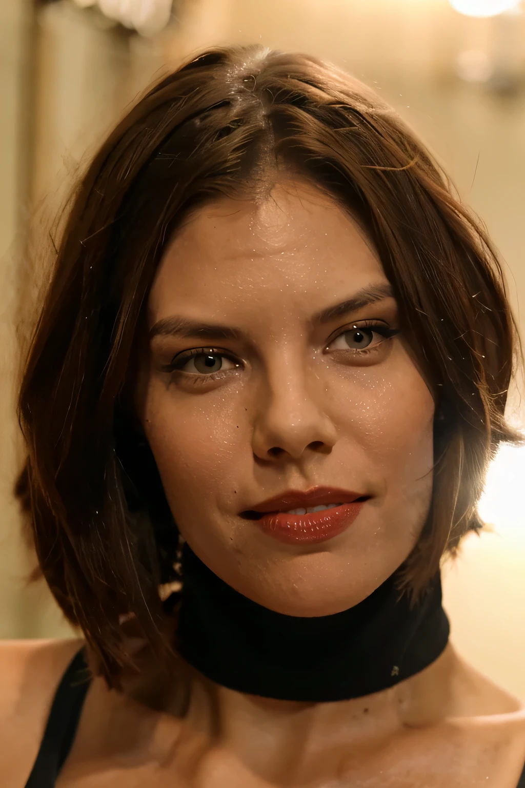 Imagem linda e fiel de Maggie do seriado The walking dead (Lauren Cohan), she's looking forward, olhos lindos expressivos e detalhados, olhar fixo e penetrante, olhos cor extremamente azuis, foco no rosto, imagem EXTREMAMENTE detalhada, 8k, filmes, She's serious, ela tem um sorriso largo suave e misterioso, she smiles with her lips, Red lips, red lipstick on lips, ela usa roupa fiel a da Maggie. She is inside a curved concrete structure (tunnel) and highly dystopian, com luz solar refletindo por dentro. She raises her hand to the side of her face. She holds a black gun in her hand next to her face, foco no rosto.