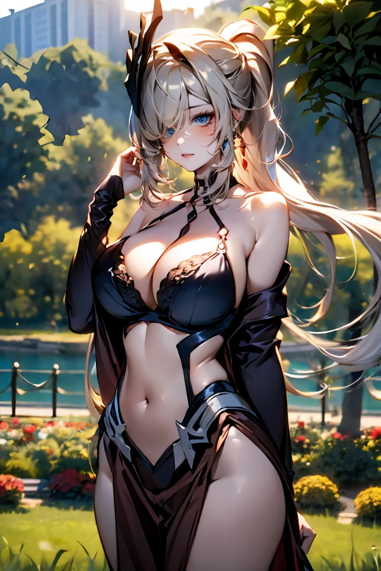 shen_he, beautiful girl, ((cowboy shot)), gray hair, ((very long hair)),(huge ), braid ponytail, ponytail, jewelry, hair above one eye, black bodysuit, hip wind, shoulder cutout, belly button,st curtain, hair ornaments, blue eyes, Upper body,outdoor, sunlight, grass, flowers, Sunny, lake, garden,