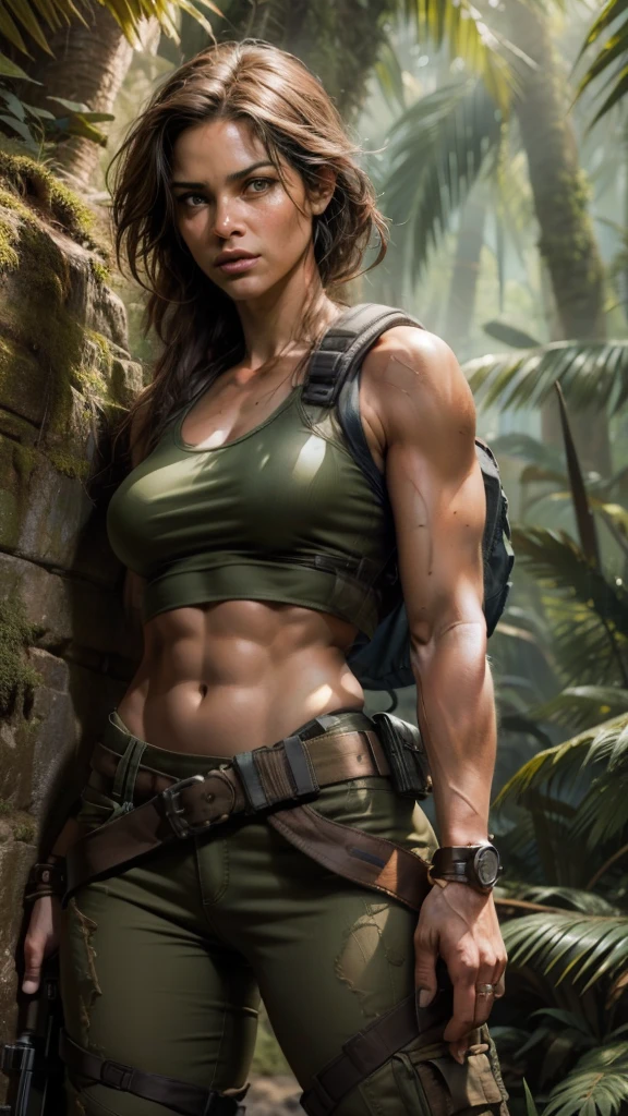 (High Quality, 4K), Adventure heroine Lara Croft, One determined woman, Combat pants hugging curved waist, Short tank top revealing toned abs, Ultra-detailed texture, Realistic skin tone, Veins visible under the skin, Muscle definition evident, Rugged terrain in the background, Mapa exploratory gears, Backpack, Pistol at the waist, Expressive face, Intense gaze, Wild hair, Rough and ready look, Vibrant green jungle environment.