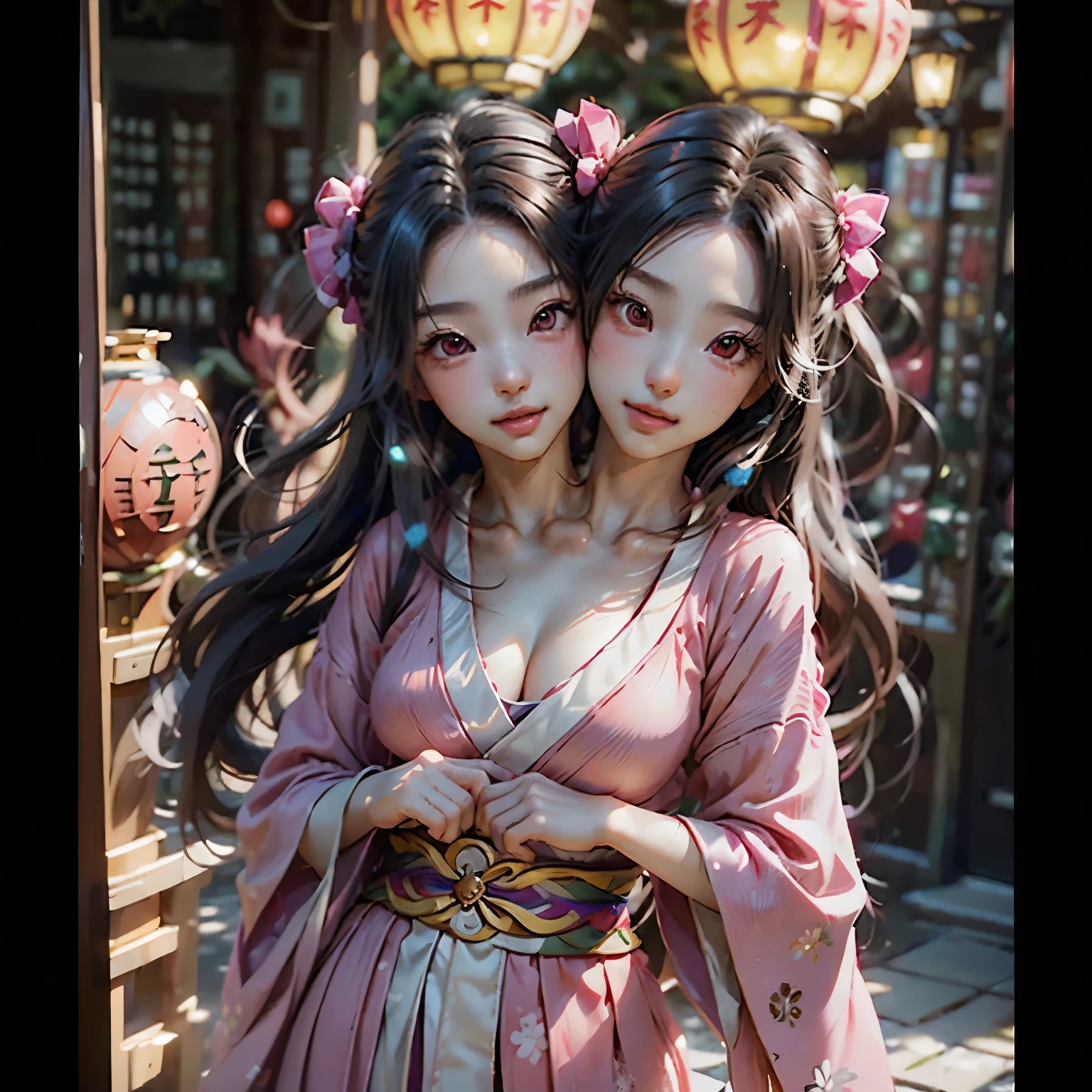 masterpiece, (photorealistic:1.5), realistic eyes, asian woman, best quality, beautiful lighting, professional lighting, photon mapping, radiosity, physically-based rendering,, kamado nezuko, 1girl, black hair, forehead, hair ribbon, japanese clothes, kimono, long hair, multicolored hair, open mouth, pink eyes, pink kimono, pink ribbon, ribbon, smile, very long hair, sky, ((aged up)),, (RAW photo, 8k uhd, film grain), (two heads)