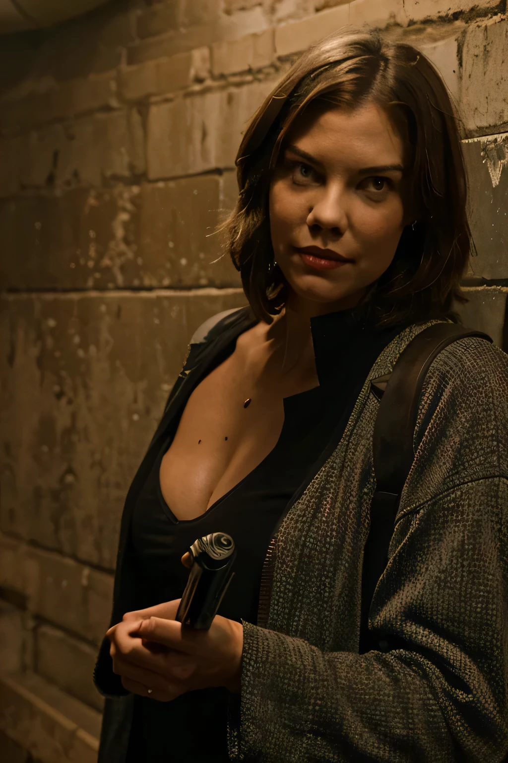 Imagem linda e fiel de Maggie do seriado The walking dead (Lauren Cohan), she's looking forward, olhos lindos expressivos e detalhados, olhar fixo e penetrante, olhos cor extremamente azuis, foco no rosto, imagem EXTREMAMENTE detalhada, 8k, filmes, She's serious, ela tem um sorriso largo suave e misterioso, she smiles with her lips, Red lips, red lipstick on lips, ela usa roupa fiel a da Maggie. She is inside a curved concrete structure (tunnel) and highly dystopian, com luz solar refletindo por dentro. She raises her hand to the side of her face. She holds a black gun in her hand next to her face, foco no rosto.
