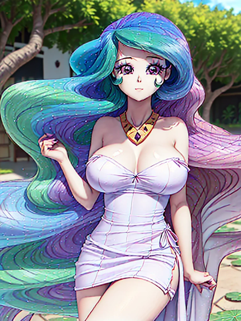 gran calidad ++ Extremely detailed high resolusionolution, very aesthetic, ojos expresivos, (((Cara perfecta))), (((face symmetrical))), ((good anatomy)), (((manos perfectas))), (((8k))), UHD, Fondo de pantalla HD, (((alta calidra detallada, (((((1girl)))))), solamente, Obra maestra, La mejor calidad, high resolusion, Altamente detallado, (illustration), hermosos ojos detallados, (((combatant))), (((1girl))), ((((cuerpo completo)))), (((((illyasviel von einzbern))))), ((princess_celestia)), ((((forma humana)))), (((princesa celestia humanizada))), Celestia, Celestia de My Little Poni, celestia en forma de milf, Cabello largo y ondulado, (((Ojos rojos))), (((strapless tube dress))), (((purple heart promise))), (((white dress))), (((milfication))), (((mature female))), (((gigantic breasts))), (((orejas blancas de pony, Dedos detallados))), Dedos precisos, Manos no antinaturales, strange eye, columnas griegas, exterior, hermoso bosque majestuoso, hojas de parra rodeando las columnas, arbustos de flores por todas partes, cielo despejado, bright sunny day, water lilies, bosque celestial,