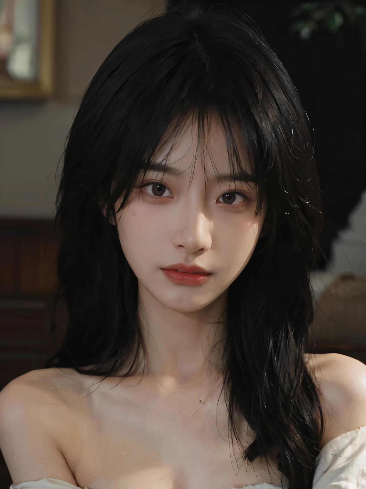 Film portrait photography, 1 girl, bare shoulders, Shoulder length wavy hair, serene, calm, (Realistic and detailed eyes, natural skin texture, Realistic facial details), Soft dramatic lighting, depth of field, Bokeh, Vibrant details, detailed meticulous, hyper-realistic, 35mm film, hazy, ,