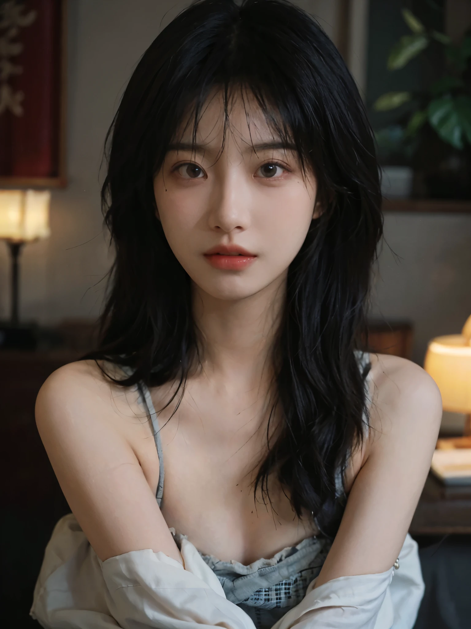 Film portrait photography, 1 girl, bare shoulders, Shoulder length wavy hair，cute, serene, calm, (Realistic and detailed eyes, natural skin texture, Realistic facial details), Soft dramatic lighting, depth of field, Bokeh, Vibrant details, detailed meticulous, hyper-realistic, 35mm film, hazy, ,