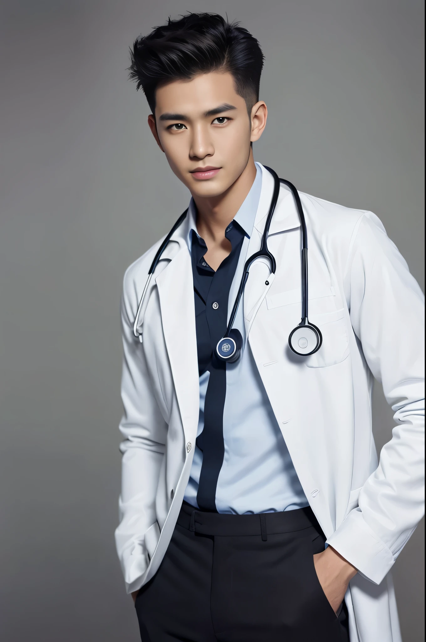 arafed boy in a doctor white coat, Collared shirt, ((Doctor Style)), Black  pants, detailed stethoscope, inside hospital, Detailed background, detailed fingers, Full Body Shoot, Quiff haircut, look at camera, detailed facial parts, Manly, Active Boy, Freestyle Pose, Happy Expression, perfect anatomy, symmetric body, asian boy 19 years old, high detail, asian, realistic, human skin, Short Hairstyle, handsome chad chin, handsome, masculine, attractive, human skin, (eyes contact), Handsome, Attractive