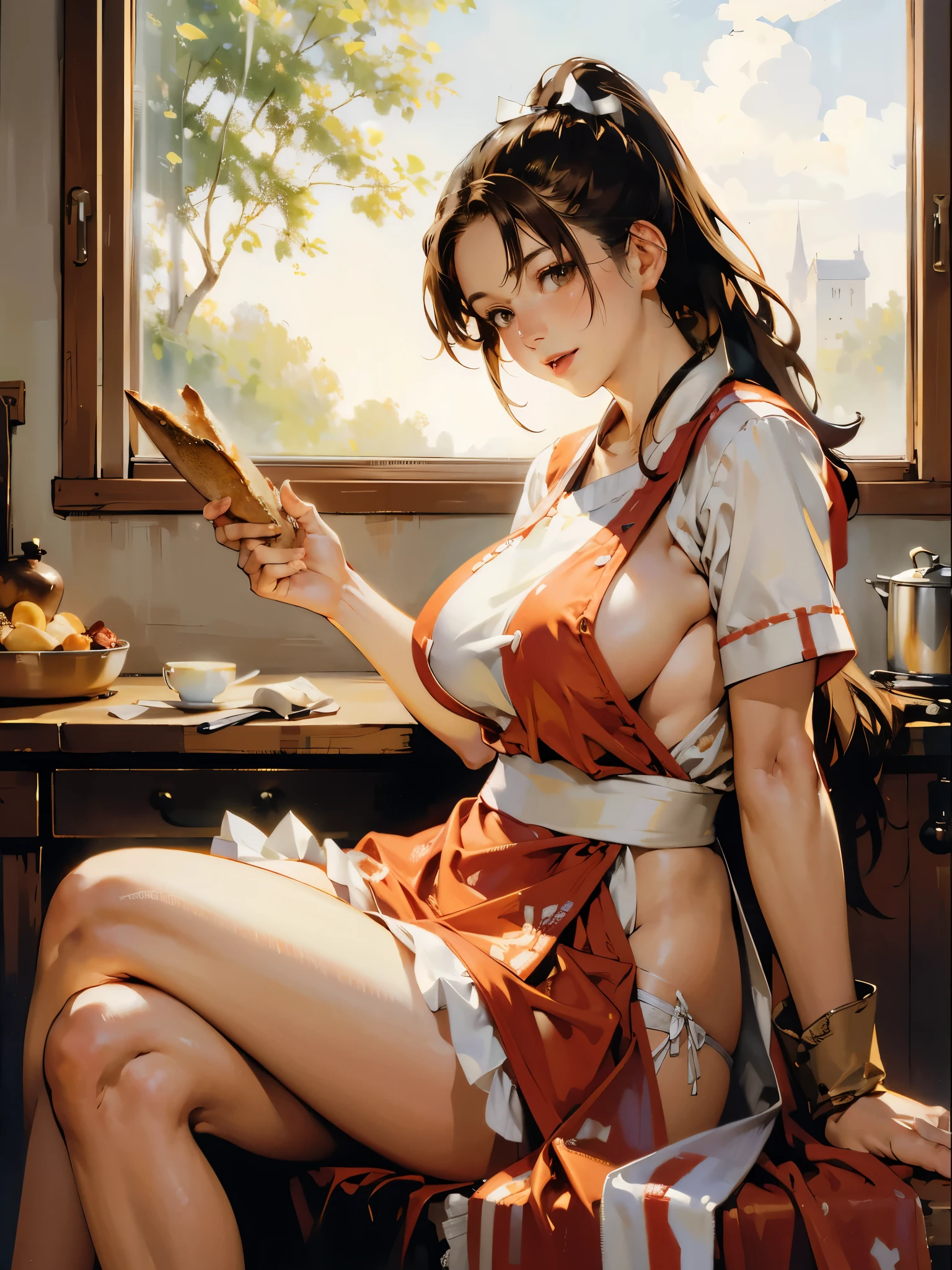 art by (Carl Larsson:1.2),(post-Impressionist),monet color,((highleg panties)),((wearing chef uniform)),close shot,oil painting,soft lighting,COOL,shiranui mai,brown eyes, long hair, brown hair, white ribbon,narrow waist, wide hips, thick thighs, lower body, sitting,kitchen,((huge breasts:1.3)), black choker,night,eating bread,