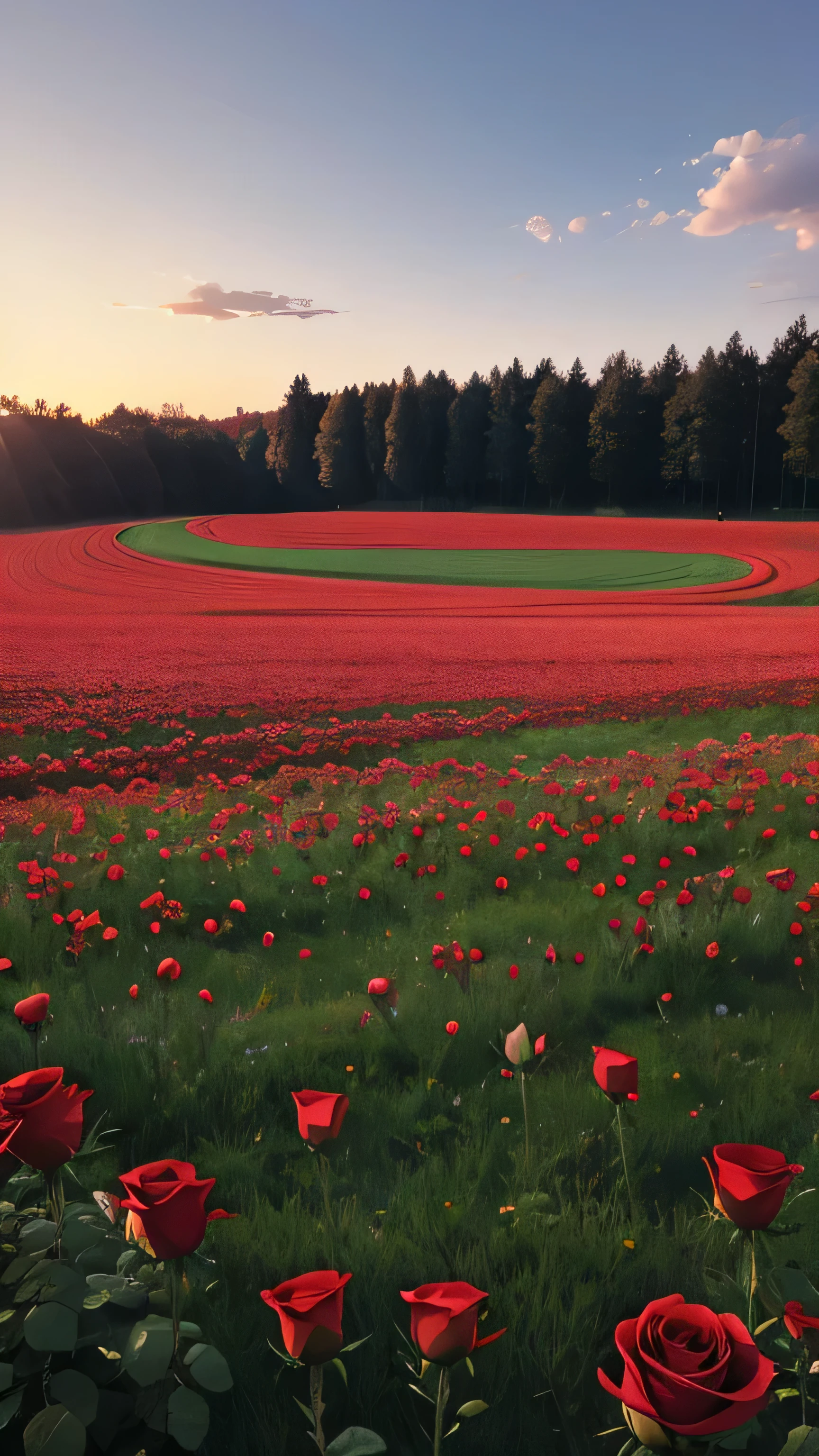A field of roses spread across a meadow