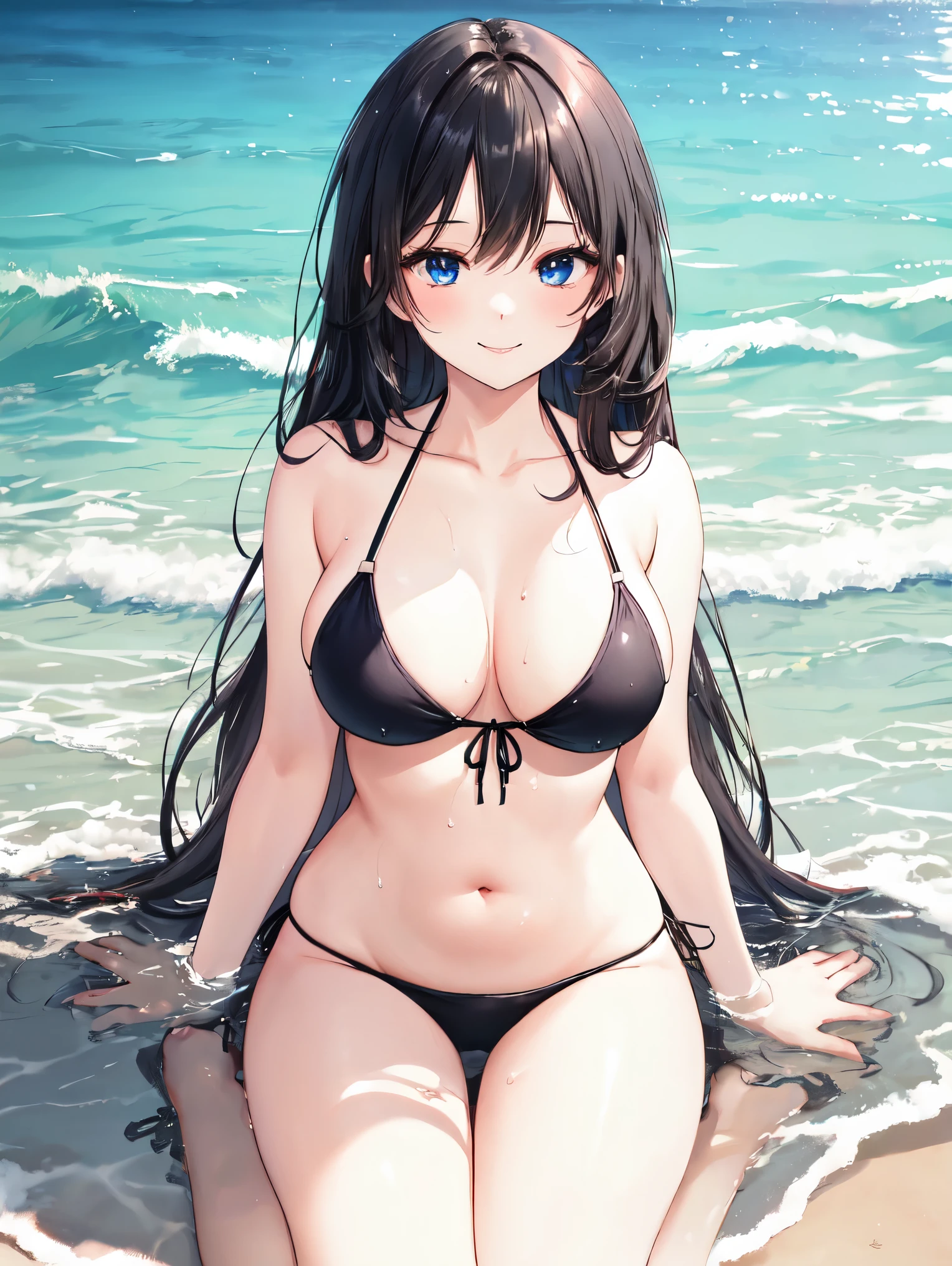 8k, (master piece, best quality, high resolution), cowboy shot, 1 girl, large and beautiful breasts, (slim waist), collarbone, Blue eyes, BREAK (long hair, black hair:1.3), wet body, wet heir, , smile, happy, kneel, BREAK (beach:1.3), (bikini), BREAK