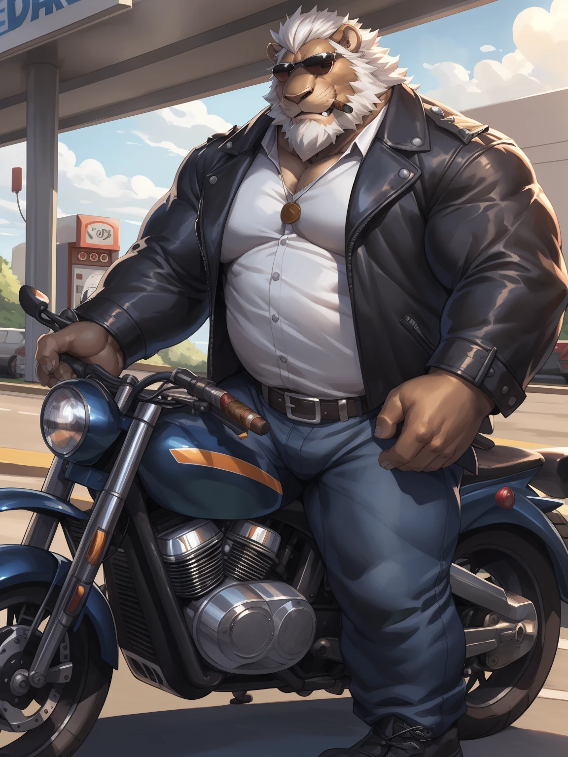 strong lion daddy，Brown skin，White hair and beard，Manly，Riding a motorcycle，Wearing a black leather jacket with jeans and boots，wearing sunglasses，Smoking a cigar，Highway gas station，Speeders，More details，by adios, by null-ghost, by lindong
