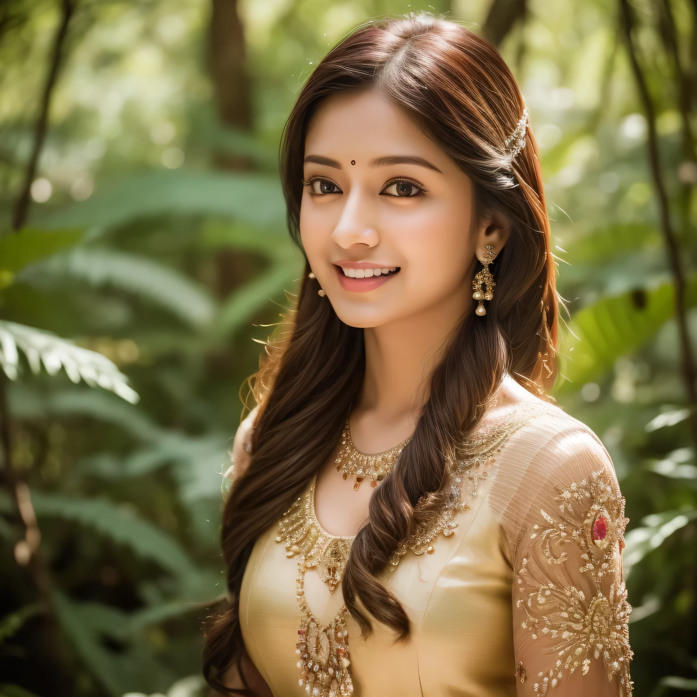 (best quality,realistic:1.2),ultra-detailed,(photorealistic:1.37) Indian girl,23 years old,walking in a forest,professional dress,beautiful detailed eyes,beautiful detailed lips,extremely detailed face,long eyelashe,cute smile,sunrise,vivid colors,bokeh,portrait,landscape