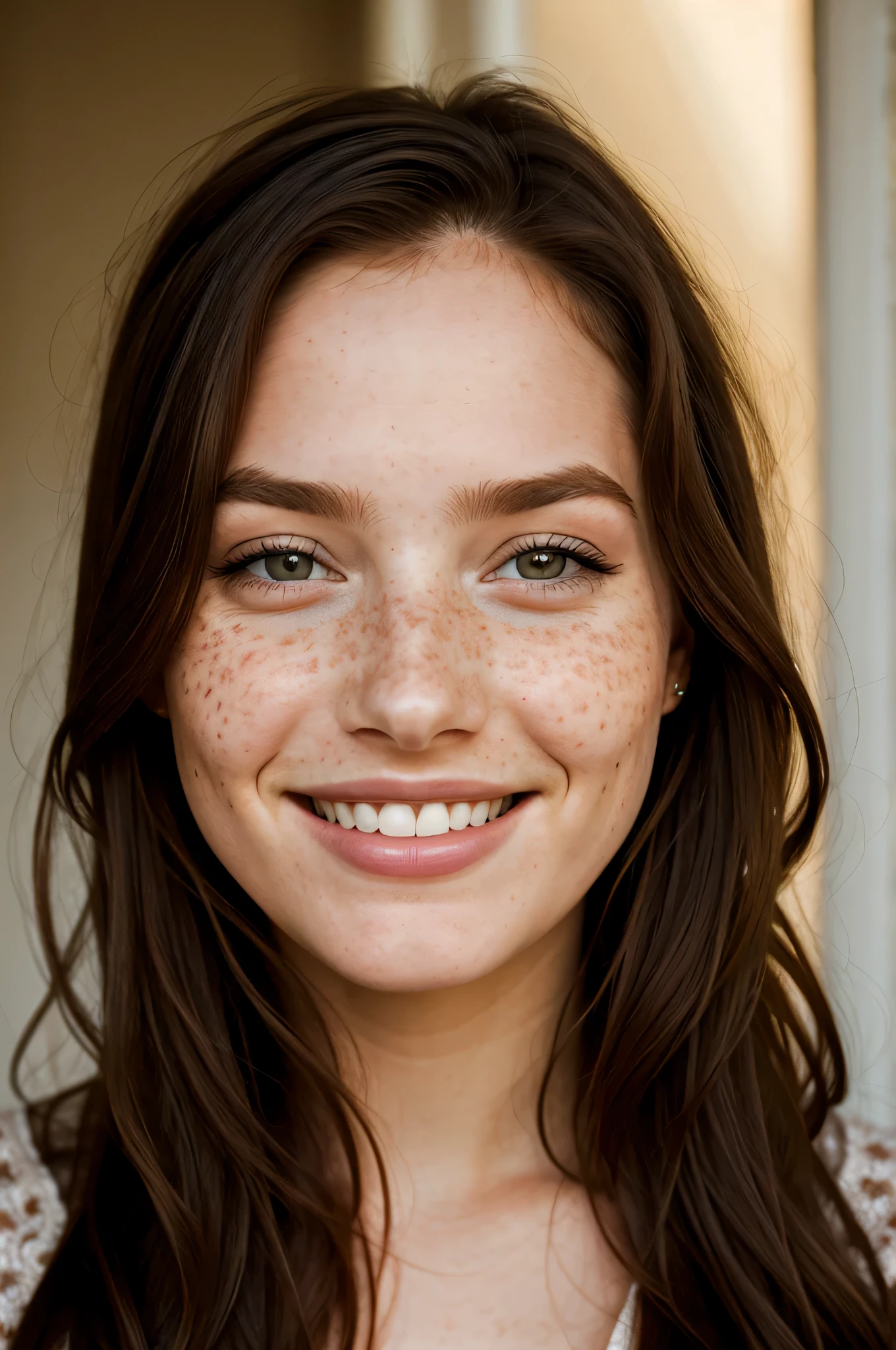 beautiful lady, freckles, big smile, dark makeup, hyperdetailed photography, soft light, head and shoulders portrait, cover