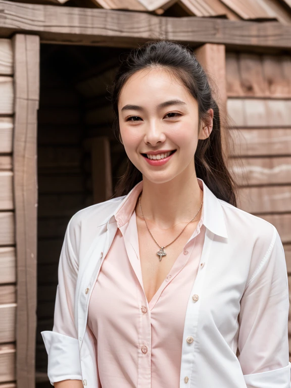Gal, ripped muscle, muscular body, pale skin, smile(blush), button-up shirt, thin necklace, [ultra detailed skin:1.2], 8k uhd, full body, stand, sweat, cum on face, crowd, public, wooden cabin,