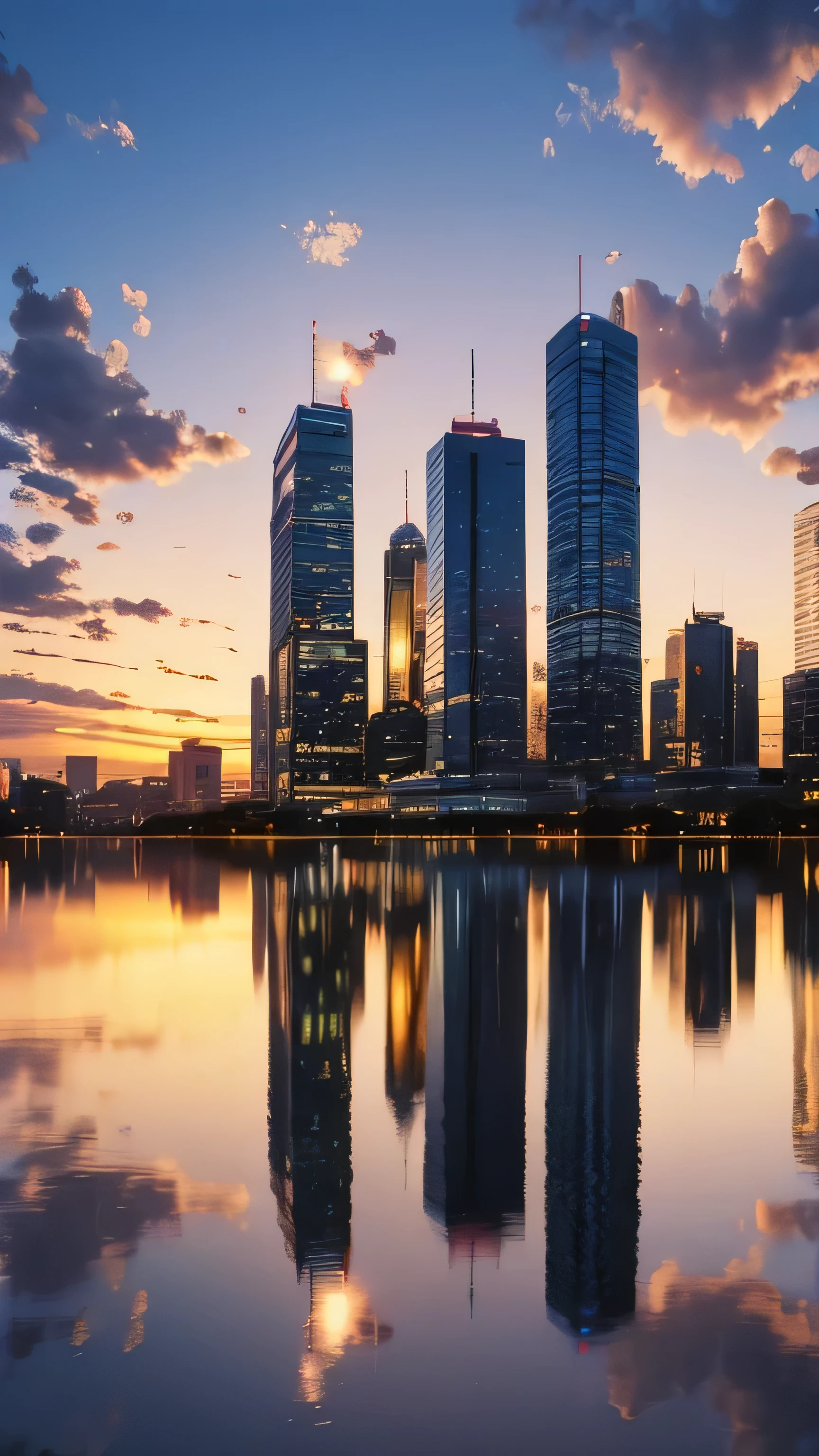 City buildings reflected in the sunset sky