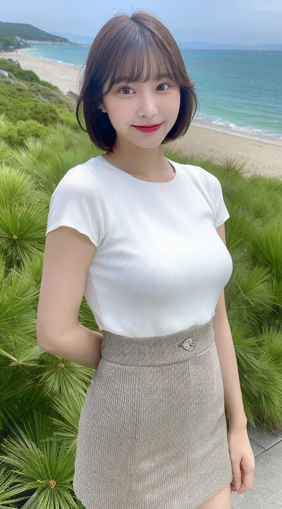 (actual, high resolution:1.3), 1 A 45-year-old Japanese woman with a perfect figure, The face shape and eyes are super delicate, short hair, White T-shirt: 1.Two random colors, short skirt, seaside, Big breasts are very firm,long legs,High heel,Full body image