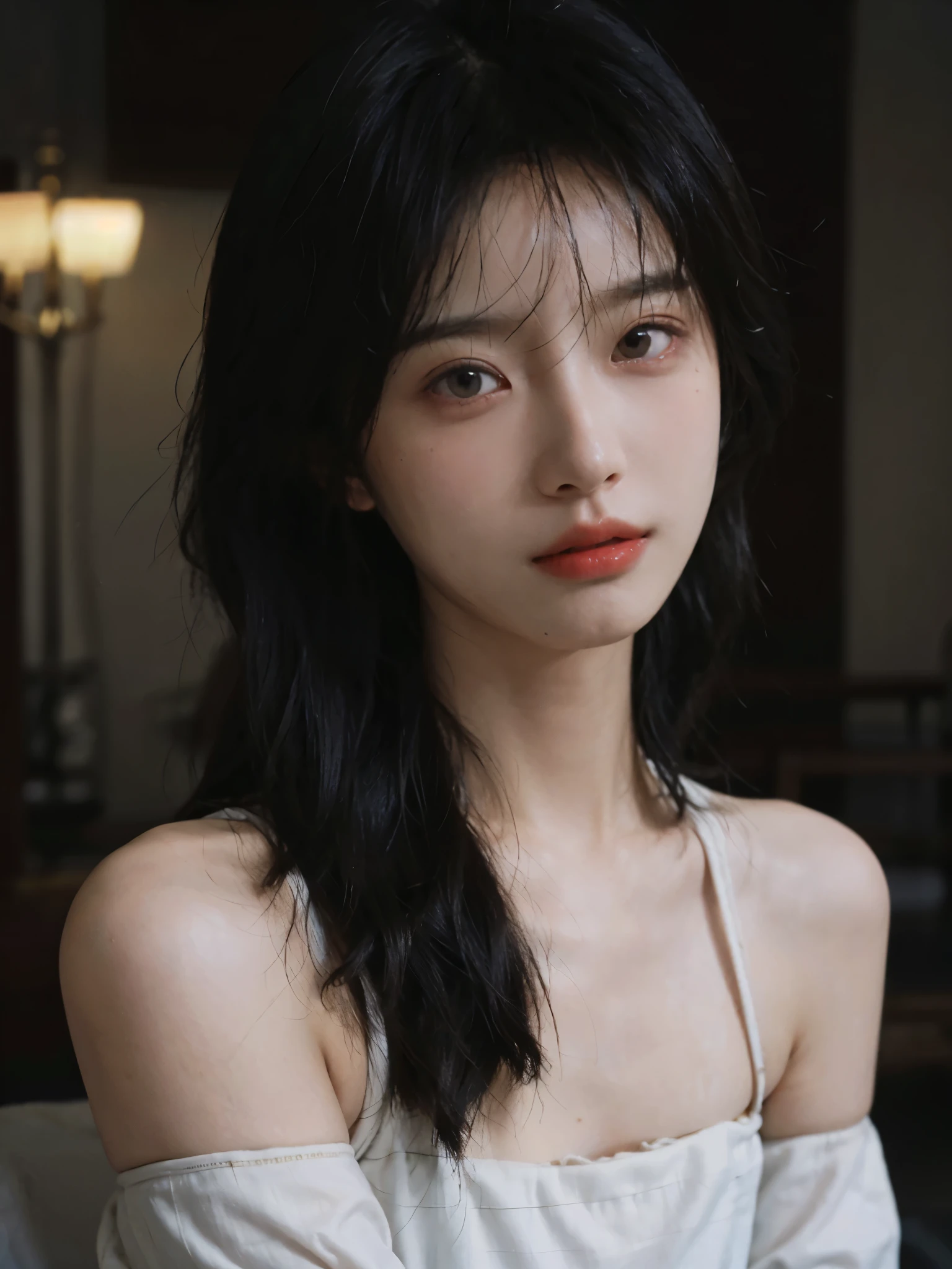 Film portrait photography, 1 girl, bare shoulders, Shoulder length wavy hair,cute, serene, calm, (Realistic and detailed eyes, natural skin texture, Realistic facial details), Soft dramatic lighting, depth of field, Bokeh, Vibrant details, detailed meticulous, hyper-realistic, 35mm film, hazy, ,