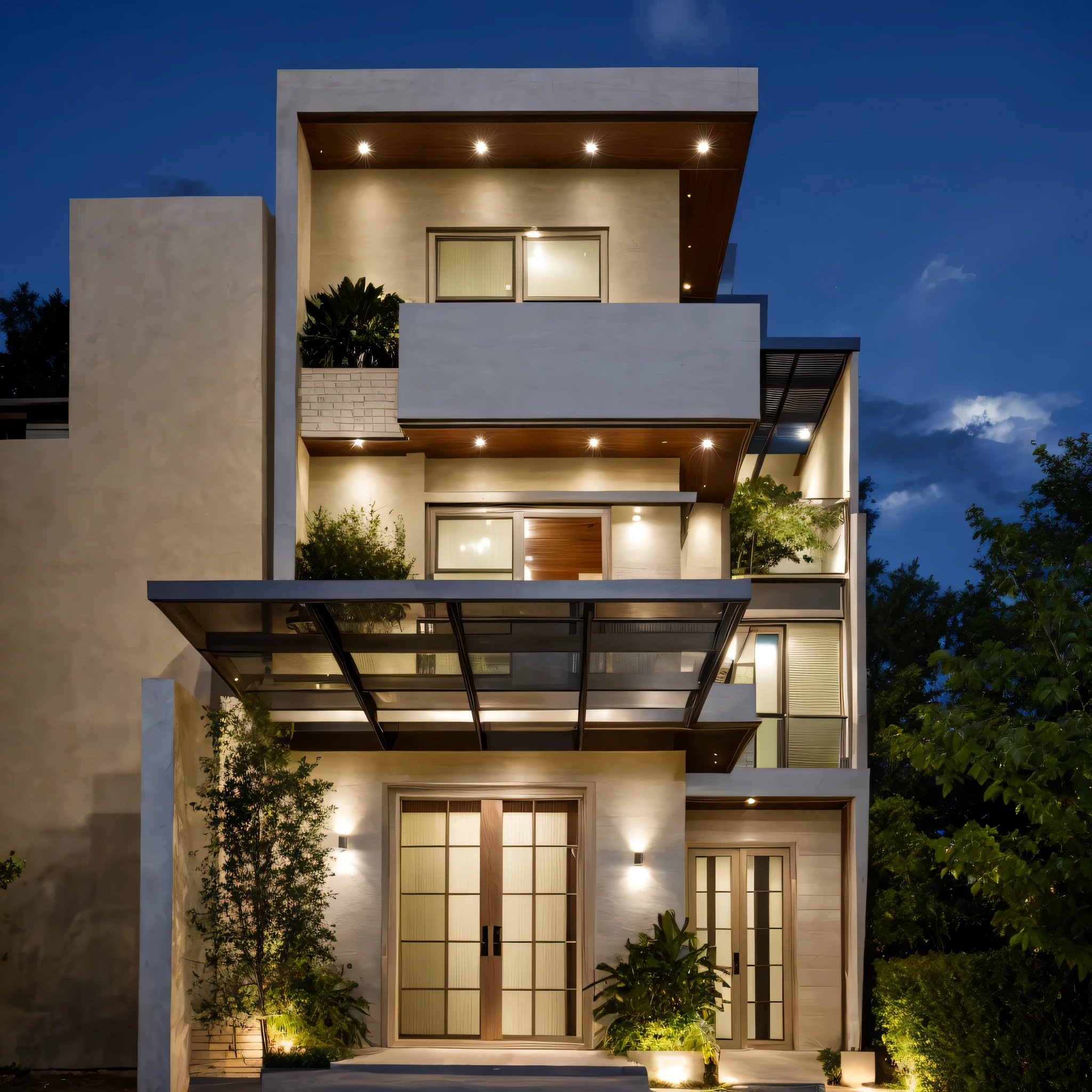 Exterior of house, mable decorations, (canopy in front of house:1.4), (a road in front of house:1.3), tree, sky, cloud, night weather.