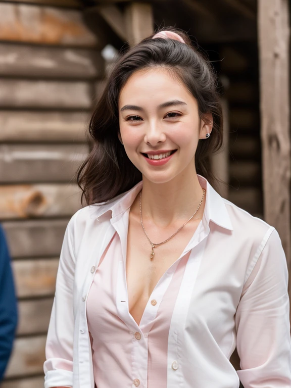 Gal, ripped muscle, muscular body, pale skin, smile(blush), button-up shirt, thin necklace, [ultra detailed skin:1.2], 8k uhd, full body, stand, sweat, cum on face, crowd, public, wooden cabin,