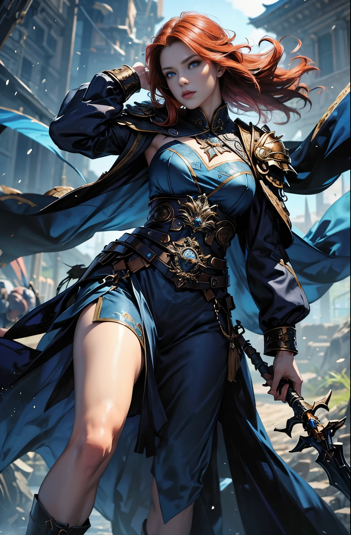 Battlefield Commander, A woman in her 30s who boasts unparalleled beauty, red hair, Invincible female general, Brave, Awe-inspiring Hall々, extremely detailed and beautiful eyes, Ride of Valkyrie, perfect supermodel body, whole body slender, Cloak wrapped in the wind, Battle Master,inspired by Fenghua Zhong, wallop style, Style Ivan Talavera and Artgerm, wallop and art germ, art germ style, inspired by Vincent Lefevre, Gwaites style artwork, artgerm and wlop, figurative art, Beautiful and expressive paintings, Beautiful artwork illustration, wonderful, cool beauty, highest quality, official art, perfect composition, perfect angle, best shot, female solo, sharp outline, melancholy, nostalgia, romantic, blue eyes without pupils, color eye, mysterious, fantasy