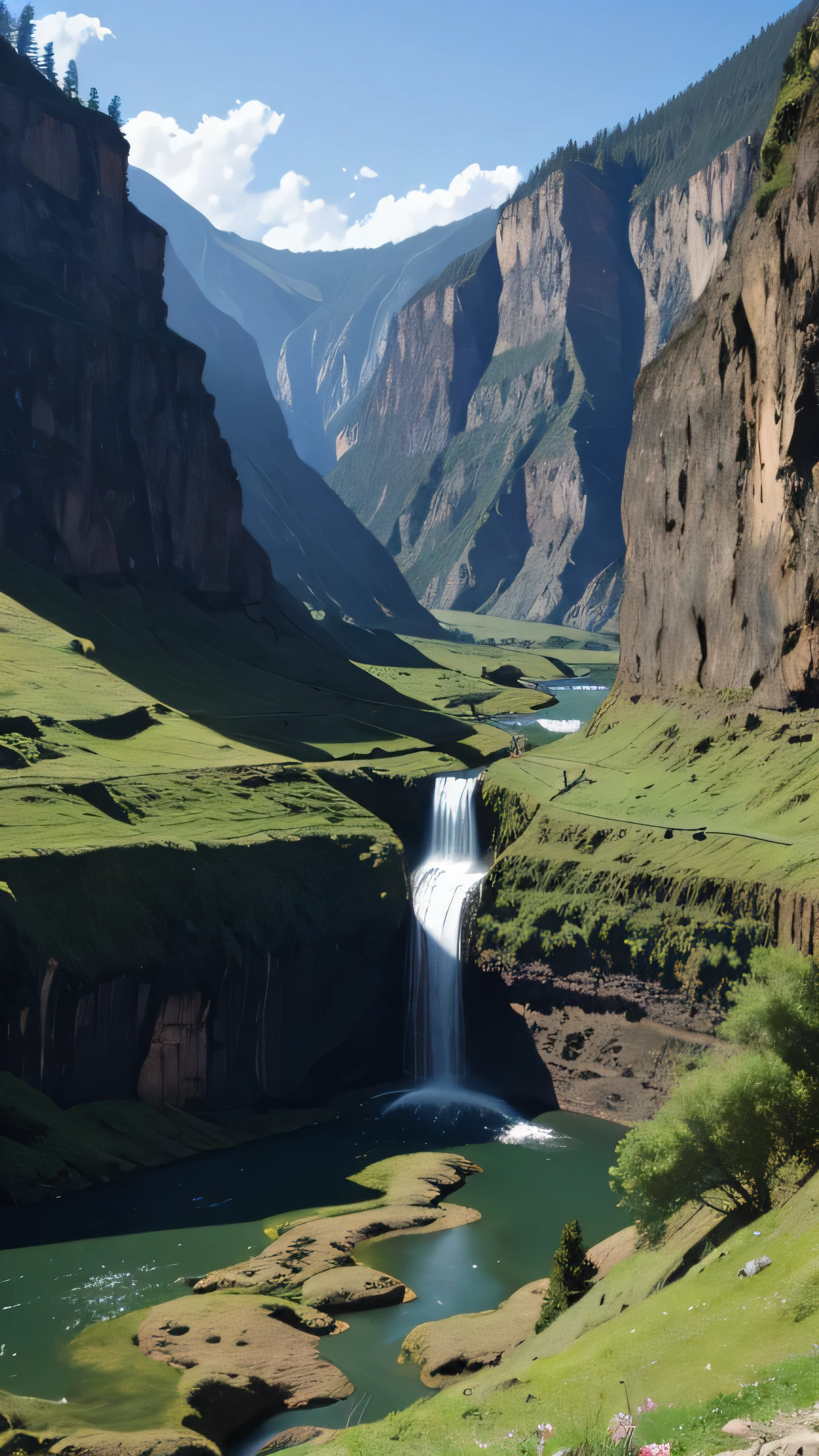 deep valley with waterfall