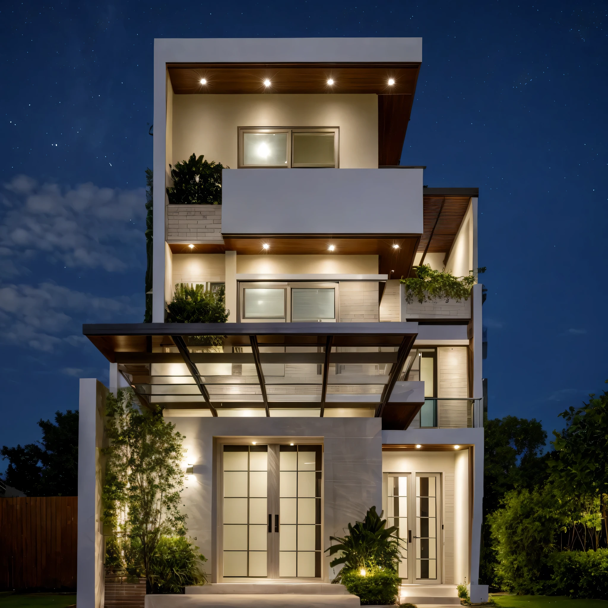 Exterior of house, mable decorations, (canopy in front of house:1.4), (a road in front of house:1.3), tree, sky, cloud, night weather.