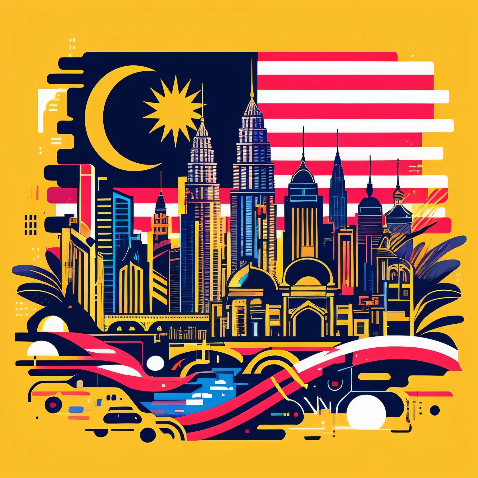 a yellow background with a city skyline and a flag, malaysian, kuala lumpur, in style of digital illustration, highly detailed illustration.”, high resolution print :1 cmyk :1, kilian eng vibrant colours, holy city | illustration, kilian eng vibrant colors, jen bartel, official illustration, colorful city, colorfull illustration, vibrant tourism poster