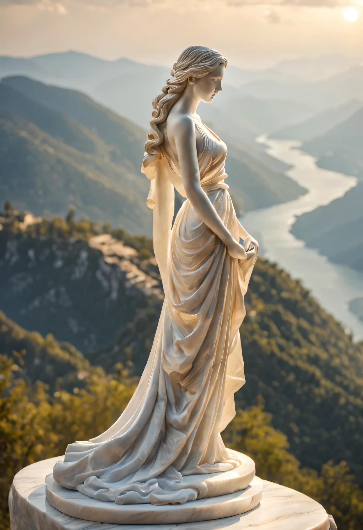 best quality,Super fine,lifelike:1.37,Marble sculpture of woman waiting for her husband on top of mountain,Graceful and elegant figure,flowing dress,calm expression,intricate engraving,soft sunshine,The background is ,stunning scenery,Mesmerizing textures,exquisite craftsmanship,Timeless art