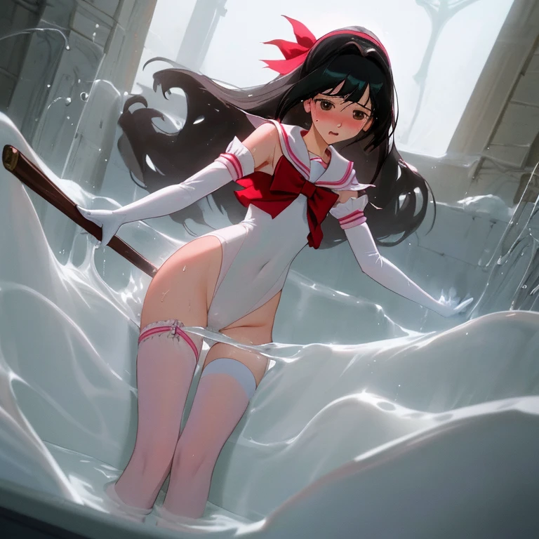 {{{{amazing quality, great quality, high quality, very aesthetic, aesthetic, best quality}}}},
realistic, photo, shadow, Three-dimensional, absurdres, Digital art,
{{{{Magical girl}}}}, beautiful girl, one girl,
black hair, long hair, straight hair, trimmed hair, shiny hair, blunt bangs, short sideburns,
brown eyes, tareme,
{{flat chest}}, {{small breasts}}, {{detailed body}}, slim thighs, thin thighs,
{{white leotard}, {leotard peek}}, {{pink sailor collar}}, {{pink elbow_gloves}}, {{red boots}},
ribbon trim, red bow tie, heart brooch, thigh strap, white headband, white circlet, white cloak,
{{both shoulders expose}},
{{magic circle}}, distress, resistance, defeat, sexual pleasure, troubled face,
orgasm, sensitive body, Sweat, trembling, 1girl, torn clothes, wet clothes, melted clothes, see through clothes, damaged clothes, takes a bath, immersed up to her shoulders in cloudy liquid,
covered in cloudy liquid,