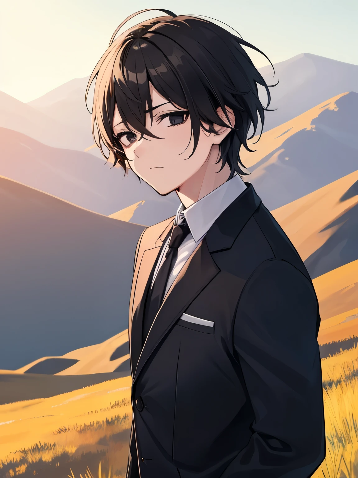 detailed black eyes, tired appearance, unpleased expression, single eyelids, dark circles under the eyes, high quality, tiredness, anime style.