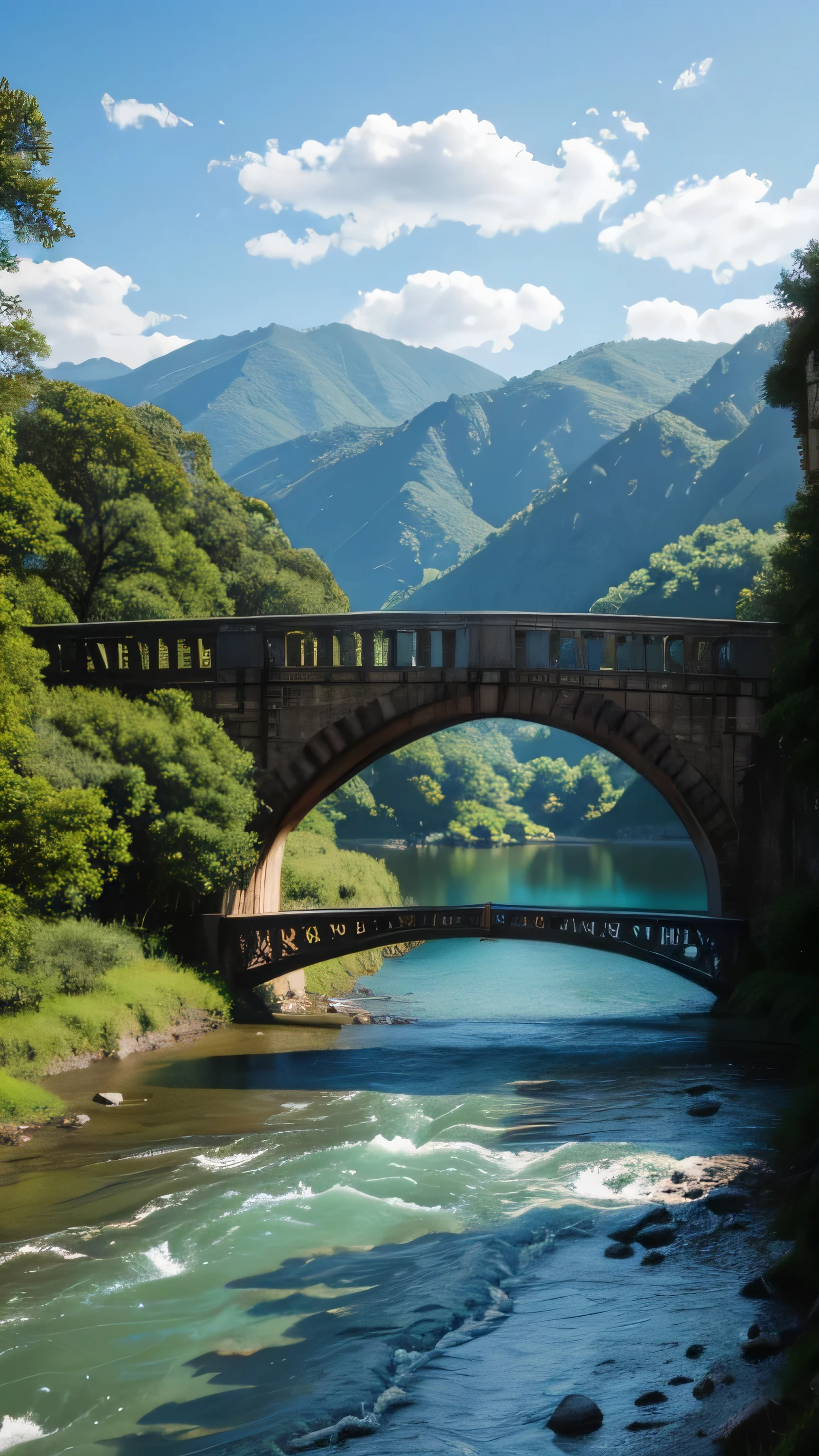 A scenic river with an old bridge