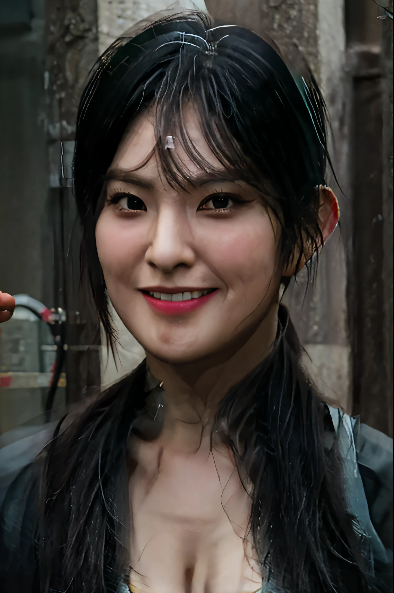black hair, hair bobbles, wince, longeyelashes, solid circle eyes, fake animal ears, light smile, ear blush, fang, Surrealism, drop shadow, anaglyph, stereogram, tachi-e, pov, atmospheric perspective, 8k, super detail, ccurate, best quality