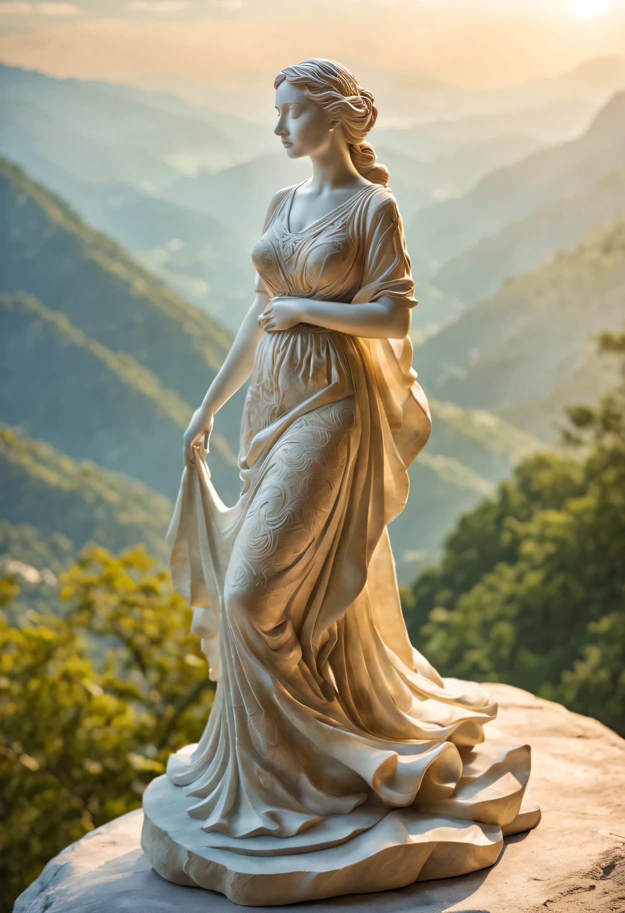 best quality，Super fine，lifelike：1.37，Stone sculpture of a woman waiting for her husband on the top of the mountain，Graceful and elegant figure，flowing dress，calm expression，intricate engraving，soft sunshine，The background is ，stunning scenery，Mesmerizing textures，exquisite craftsmanship，Timeless art