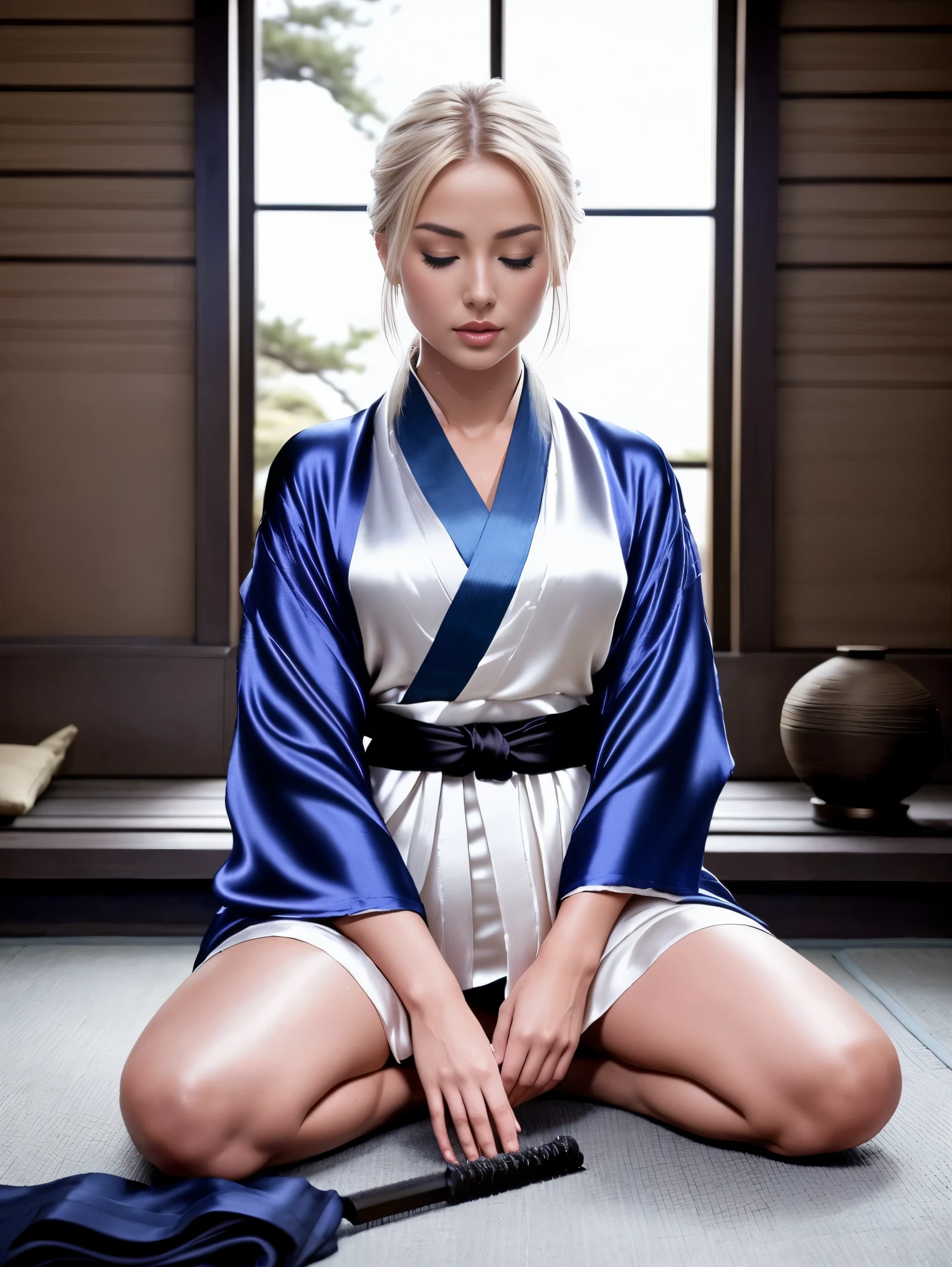 The photo is taken ((from the front)). An ultra hot gorgeous European woman, age 23, blonde hair. she's a playmate, men magazine model. ((((silk kimono)))), She is kneeling in (((seiza zen position))). Eyes closed. hands on thigh. In meditation. A Wakizashi, short samouraï sword (((lies on the ground to his right))). Waves of energy burst from her perfect body. She’s Outside, snowy landscape. Northern lights. Perfect anatomy, perfect hair, perfect breast, ((perfect wet body)), perfect hands, perfect face, accurate, anatomically correct, perfect clear and crisp focus, UHD, masterpiece,