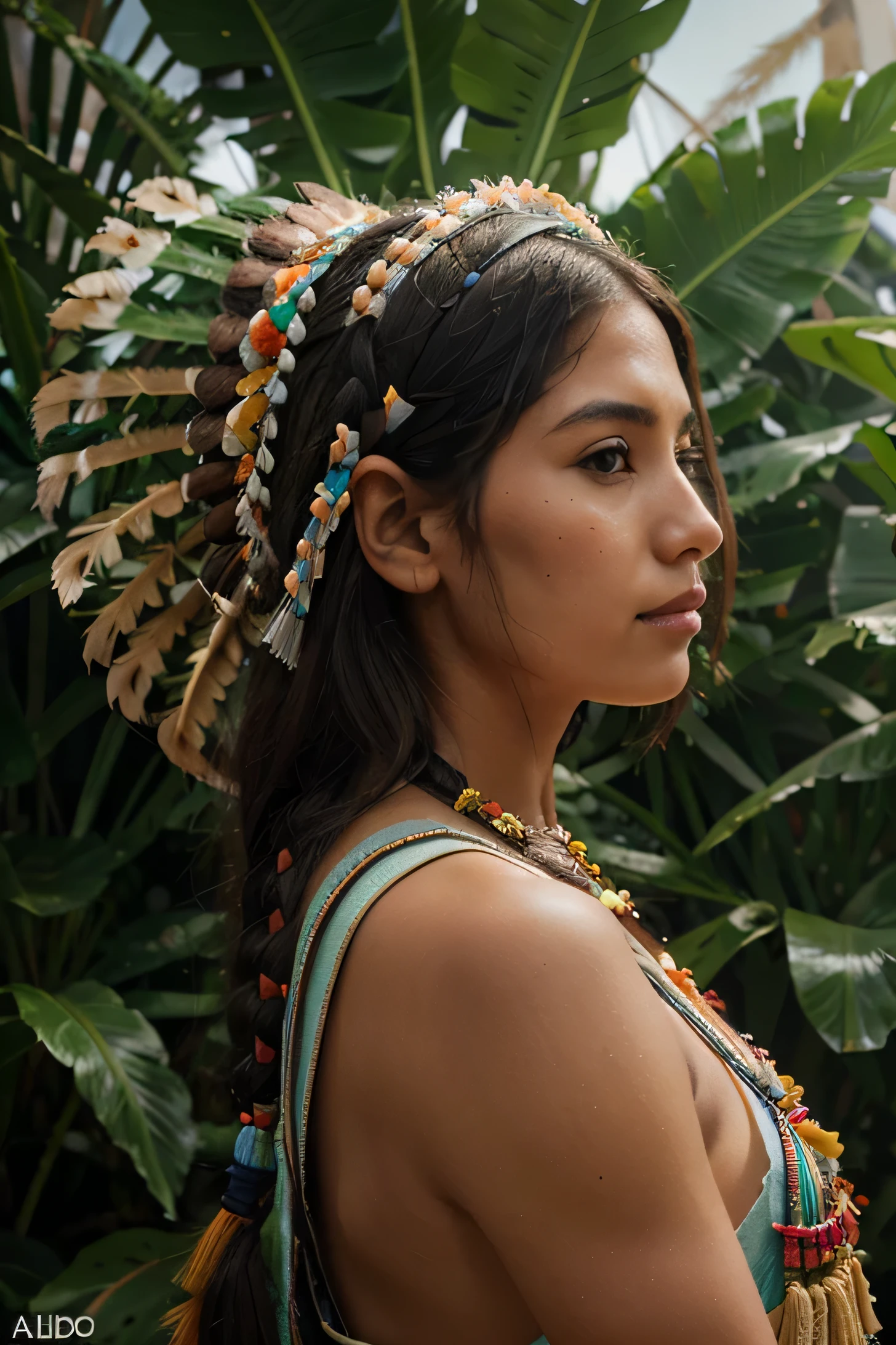 ((RAW photo, Best quality)), (Realistic, photo-realistic:1.2). A beautiful indigenous girl in native dress with feathers and feathers on her head, ((body painting)) , amazon indian peoples in brazil, beautiful young female brazilian Native girl, Yanomami Indian in typical costumes,High quality. Amazonia forest Background. Realistic, highly detailed, detailed face.