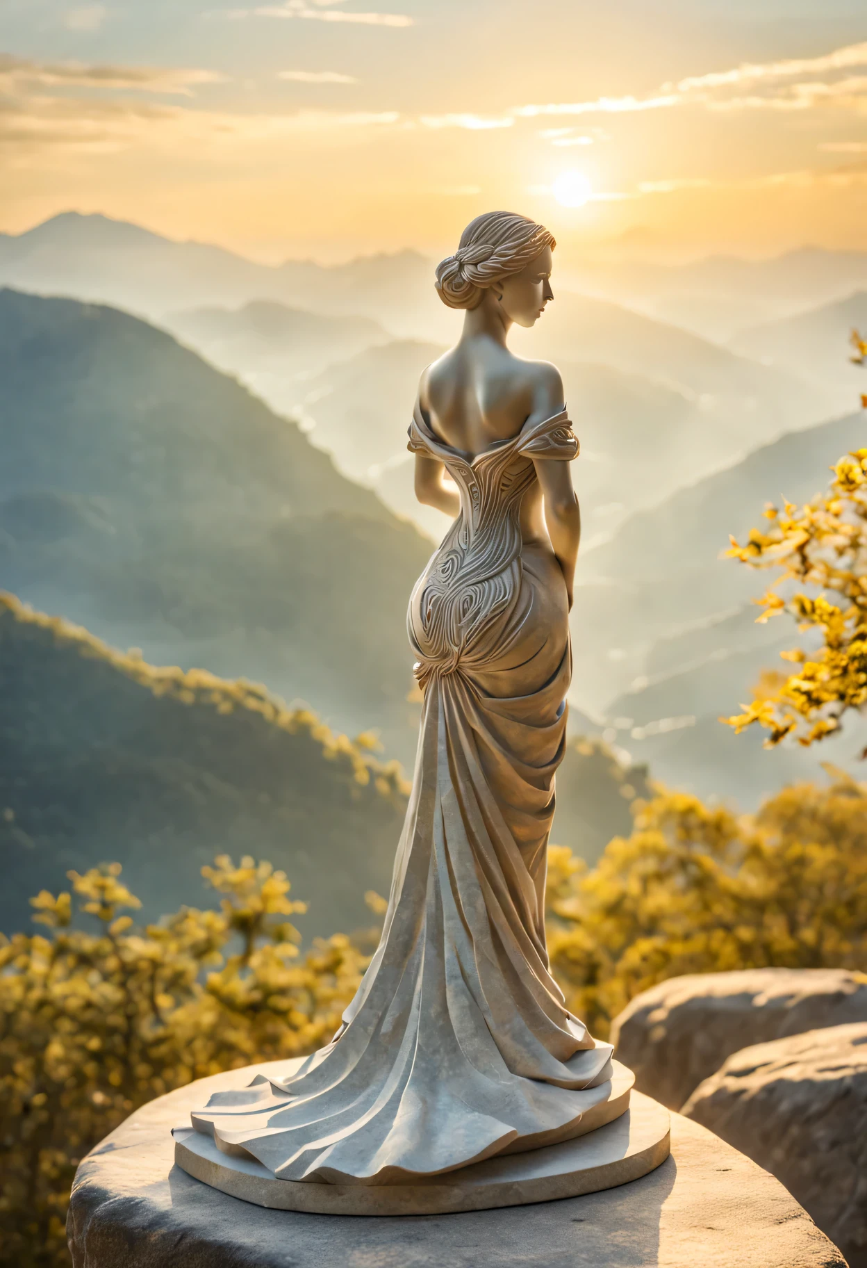 best quality，Super fine，lifelike：1.37，Stone sculpture of a woman waiting for her husband on the top of the mountain，Graceful and elegant figure，flowing dress，calm expression，intricate engraving，soft sunshine，The background is ，stunning scenery，Mesmerizing textures，exquisite craftsmanship，Timeless art