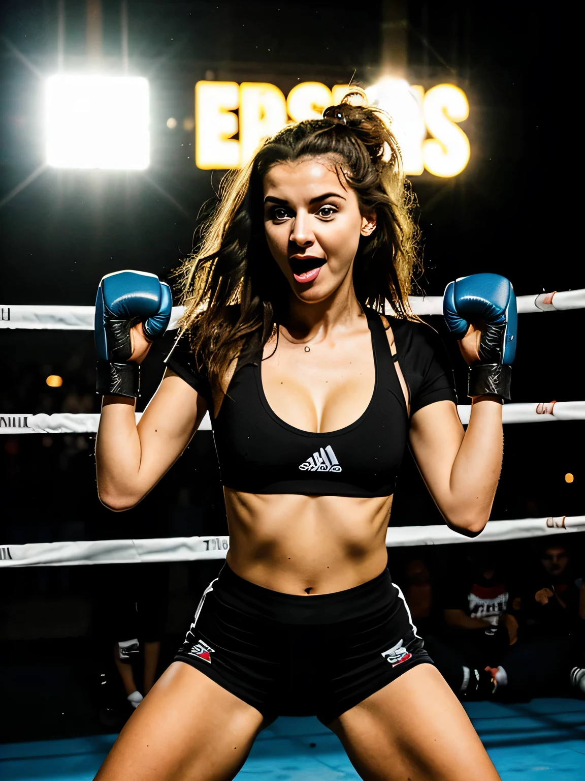 Imagem de duas jovens lindas de 18 anos lutando boxe entre si, bravas, nervosa, bad girl, petit teen, seios grandes, usam blusa top, decote ousado e sexy, Serious, malvada, brava, irritada, cara de mau, branca, beautiful Brazilian and the other Asian, in fighting position, boxing gloves on hands, hands at chin height, They're jumping in the air and their arms are up in celebration, bunda grande perfeita, coxas grossas e fortes, with beautiful braided and combed hair, olhos verdes brilhantes, eyes as green as possible, they stick their tongue out of their mouth, they have their mouths open, elas gritam, elas usam botas de salto alto, usando top curta e short preto colado no corpo, em sala fechada, Parede com ladrilhos de metal preto, (discoteca lotada e escura, luz escura e mal-humorada: 1.2), (foto de corpo inteiro), imagem detalhada, as realistic as possible, obra de arte.
