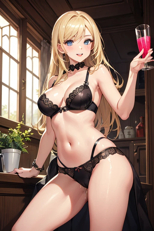 1 girl, (masterpiece, Detailed background, best quality), Long, shiny hair, blonde hair, underwear, giggle, juicy lips, bitch juice, red lips, perfect eyes,