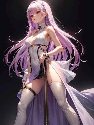 slender woman with light purple hair chest is small Separate top and bottom White bondage whole body expression The background is decadent hold a gun brown boots See-through pink sleeveless dress Nice ass