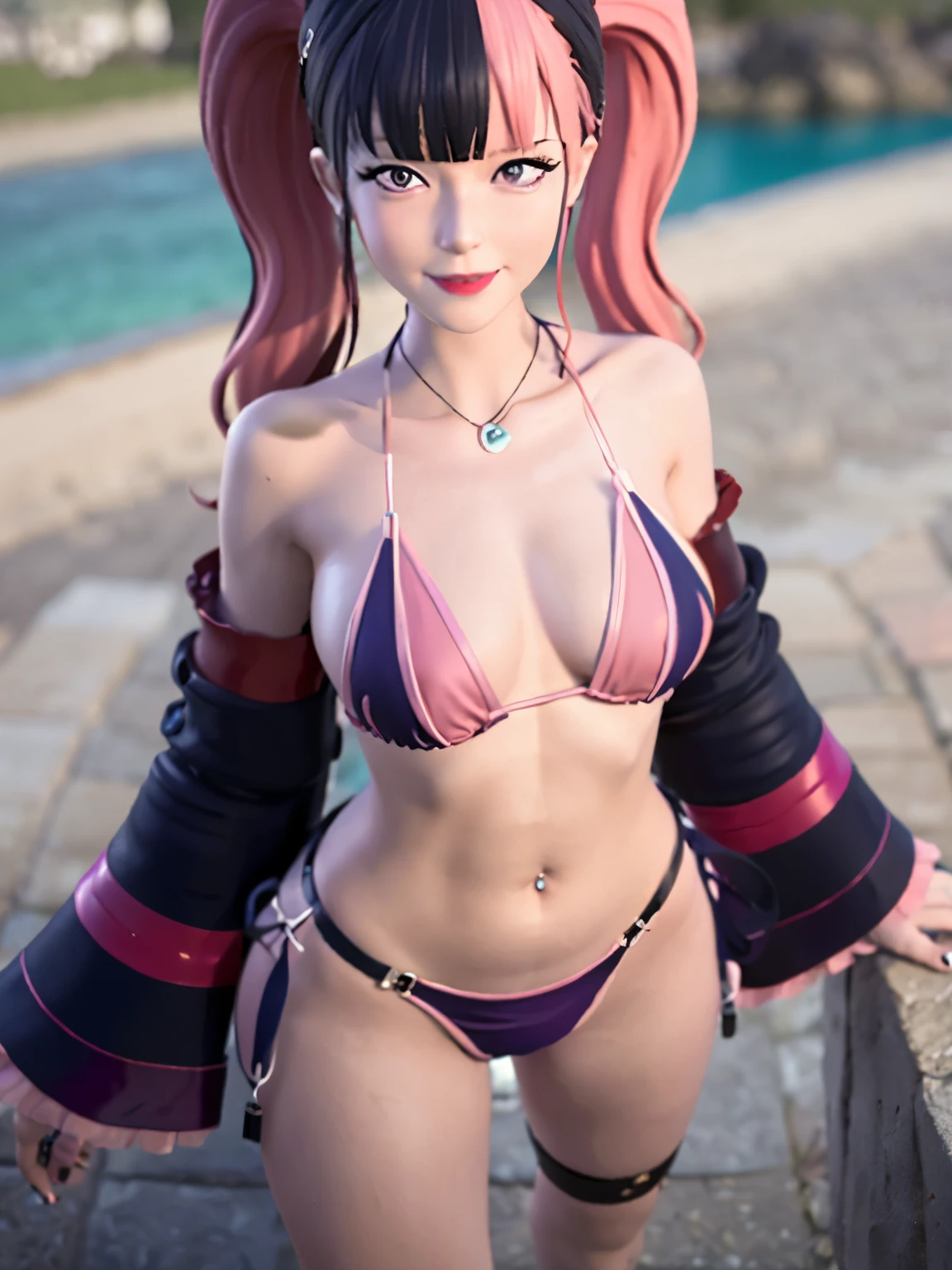 (8k), ultra-realistic, high detail, zoe,((full body woman in bikini)), smiling woman, multicolored hair,twintails,solo,black hair,pink eyes,pink hair, necklace,bangs,long hair, sexy and delicate lace bikini, angela white, sexy girl, brunette hair, sexy bikini, stunning views, provocative, very sexy, sexy and attractive, sexy look, gorgeous brunette hair, big, very sexy costume that stands out in a bikini