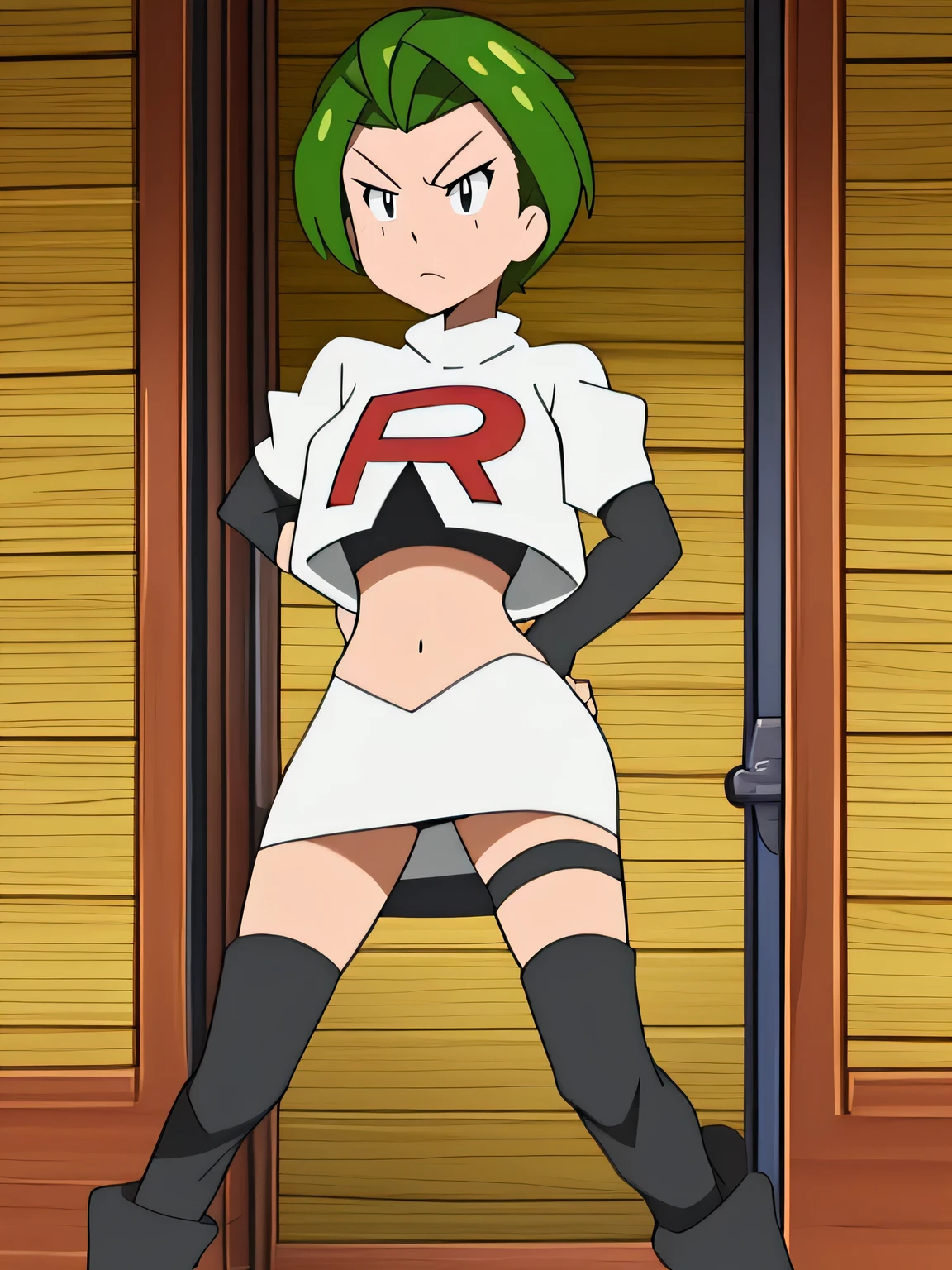 team rocket uniform, red letter r, white skirt, white crop top, black thigh-high boots, black elbow gloves, glaring angrily, looking at viewer, hands on hips, full body seen, zettai ryouiki